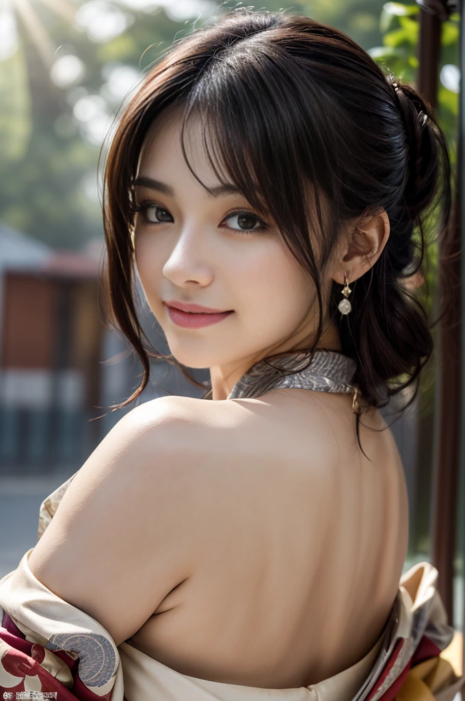 (Photoreal Stick:1.5, masutepiece:1.5, RAW shooting, 8K), (top-quality, ​masterpiece, 超A high resolution), morning, Precincts of the shrine, ((fog the lens:1.4)), ((Shoot with blur:1.5)), ((sunrises, Sunlight coming in from behind:1.6, Strong sunlight spreads across the screen:1.6)), ((Strong sunlight shines on a woman:1.7)), ((The entire screen appears white and hazy due to strong sunlight.:1.8)), ((The woman looks blurry due to the strong sunlight:1.9)), Face Sharp Focus:1.3, Professional camera work:1.3, Highly detailed skin and facial texture:1.3, Grow Light Effect, The ultra-detailliert:1.3, 1girl in, Fair skin, (Sense of clarity:1.4, a small face), Extremely beautiful face:1.5, (Sense of clarityを感じる目:0.9, looking distantly), A smile:1.0, i love you completely:0.8, (Slightly open mouth:0.4, Sense of clarityを感じる口当たり:0.7), 二重まぶた, Dark brown medium hair, necklace and earrings, (japanese kimono, off shoulders)