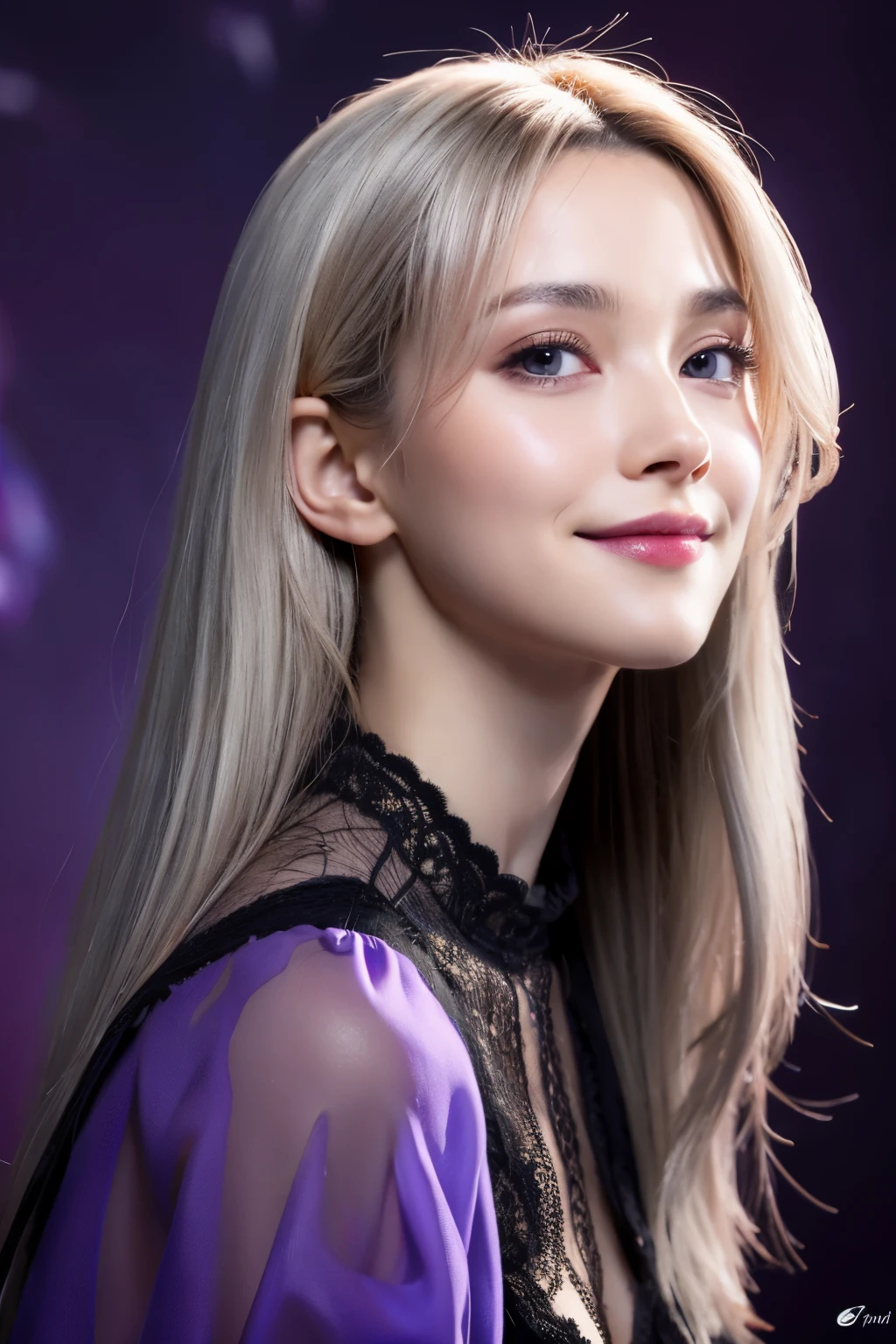 Beautiful detailed woman,very detailed eyes and faces, A detailed eye, ultra - detailed, A high resolution, The is very detailed,best qualtiy,illustratio,unified,8k 壁纸,tmasterpiece,best qualtiy,1girll,looki at viewece to the viewer,Flowing white hair,Long gray hair,black long dresond violet,abstract backgrounds:spark of light,Random dynamic pose,Enticing smile,Surreal 8000 grams,Impeccable,tmasterpiece,professionalartwork,famousartwork,电影灯光,cinematicbloom,Perfect face,beautifulface,fanciful,dream magical,Not real,intricately details,delicate patterns