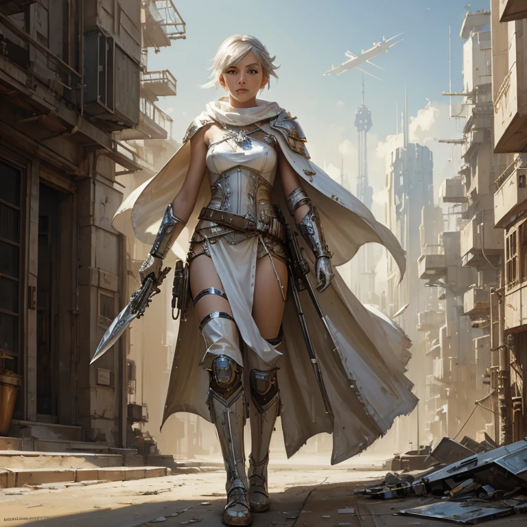 a white and silver girl in a white cape with knives, in the style of craig mullins, cybersteampunk, mark lague, beige, 8k, desertpunk, abundant paint