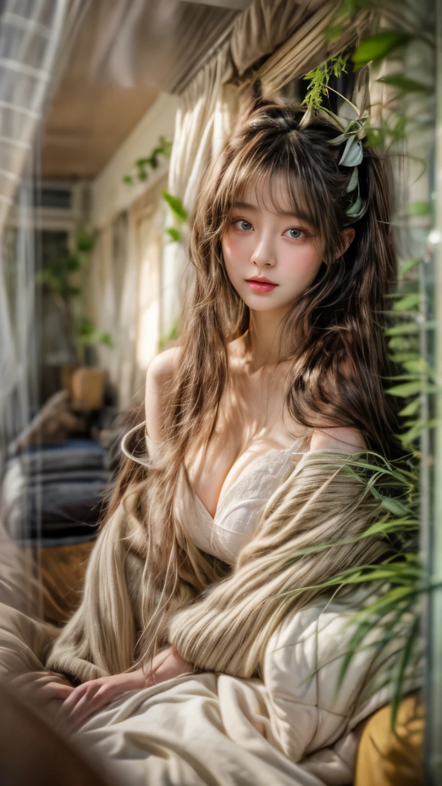 masterpiece、8K、32K、top-quality、(A detailed eye)、(A cute Japanese woman、bangss:1.3)、23years old、1 girl in、elegent、(undergarment:1.1)、a plant、(gigantic cleavage breasts:1.2)、Sit up、(A dark-haired:1.4)