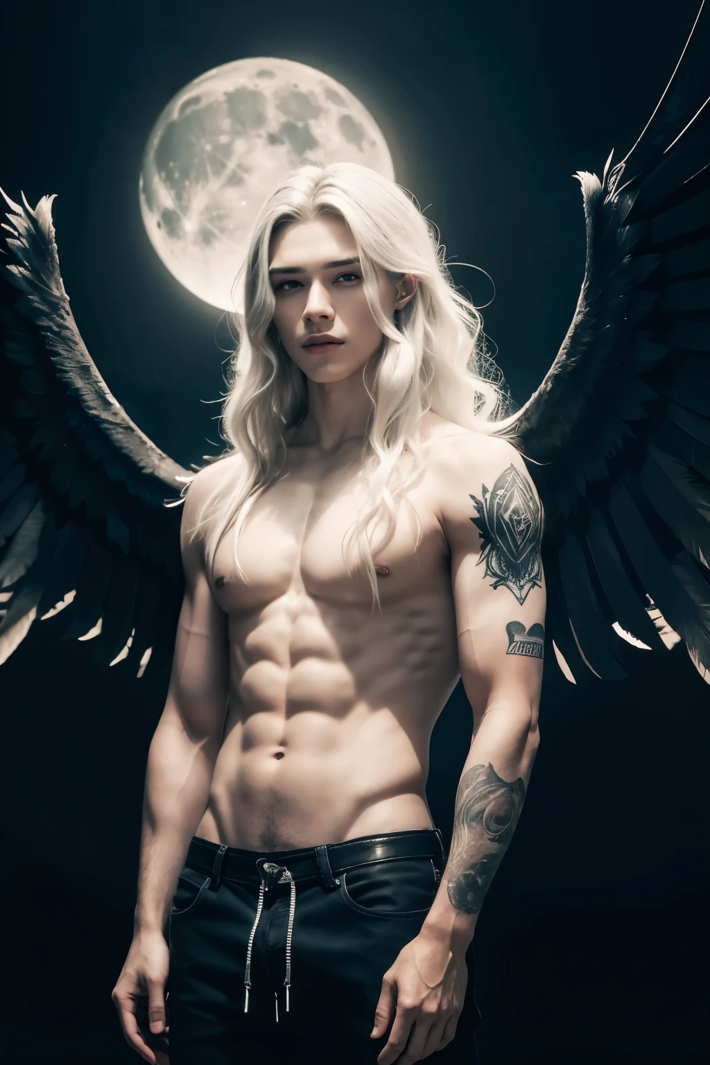 Dark angel man, handsome, 18 years old, white longhair, black wings, tattoos, bare arms, dark stile, on background of full moon, dark make up