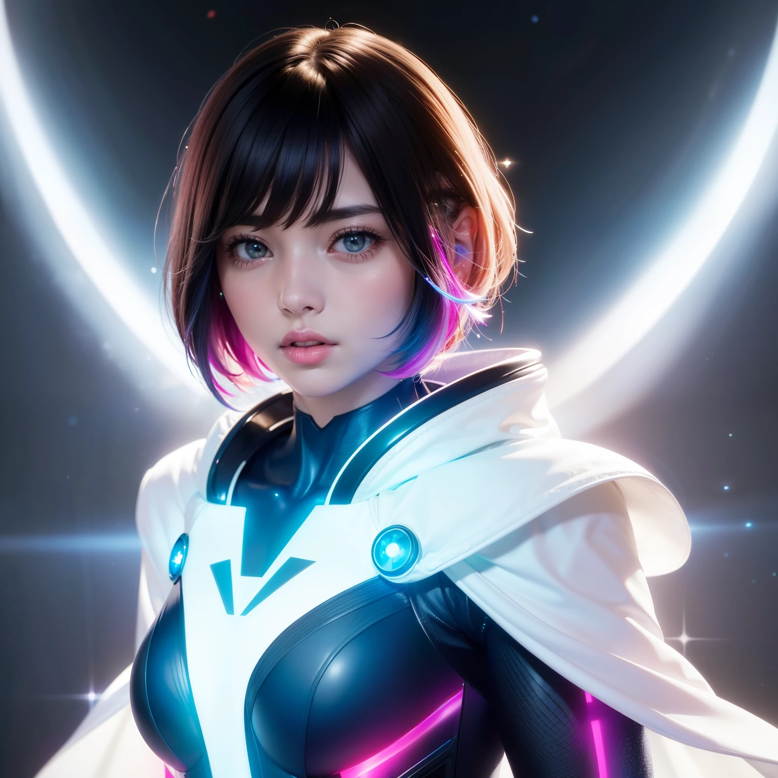 Bust to waist ((perfect face)) perfect skin, hyperrealistic masterpiece, Superheroine girl ((fringe glowing colorful)) in extremely complex & superdetailed tight plugsuit ((with white cape)), sharp focus, cinematic illumination: 8k, (((spacecore aesthetic style::1)))