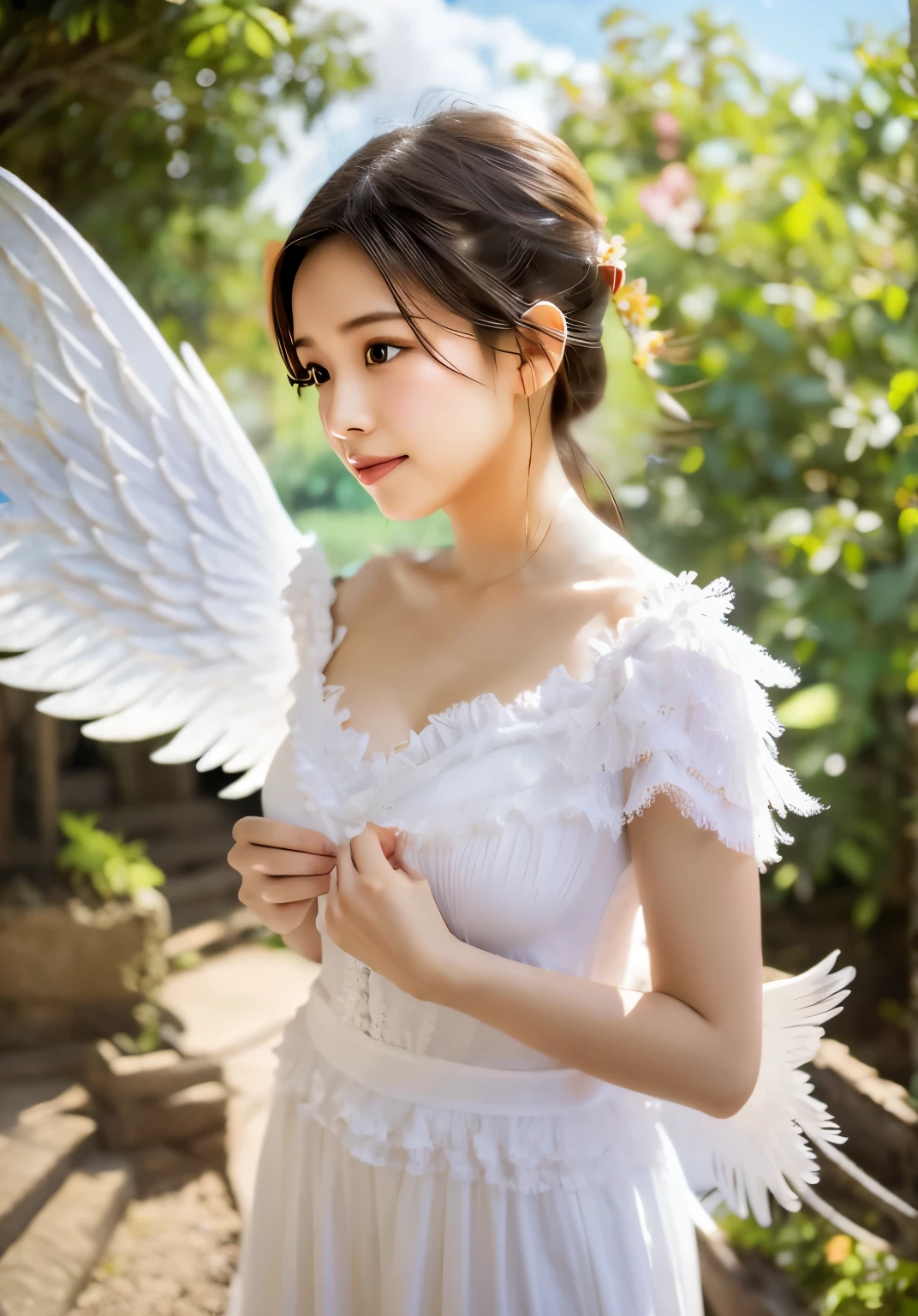 masutepiece, (Best Quality:1.2), [:Intricate details:0.2], 1girl in, Large breasts, Angel, Angel wings, white frills, (daytime sky), shimmering aura, Intense focus, Crackling energy, mystic symbols, sparkling motes,