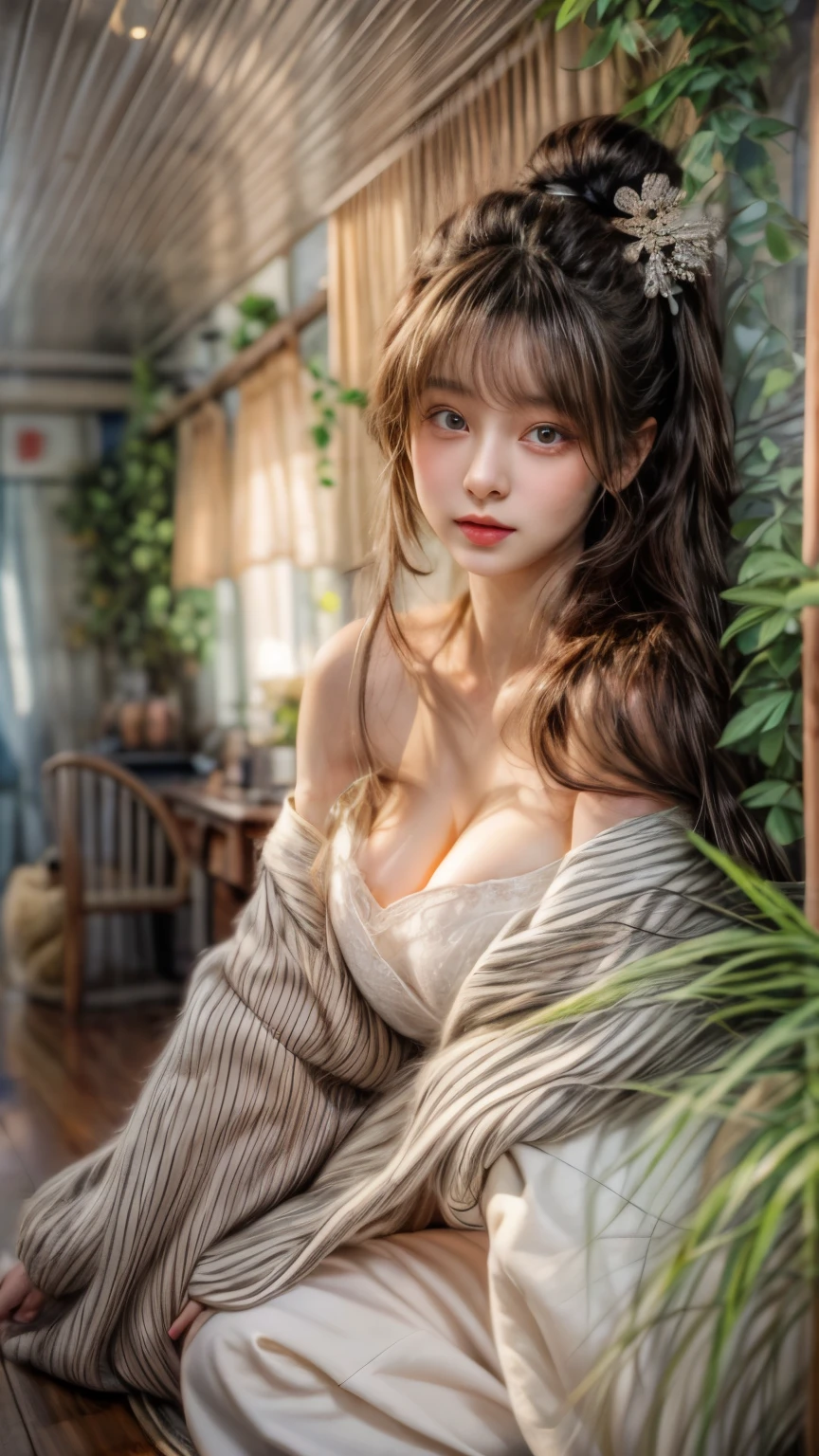 masterpiece、8K、32K、top-quality、(A detailed eye)、(A cute Japanese woman、bangss:1.3)、23years old、1 girl in、elegent、(undergarment:1.1)、a plant、(gigantic cleavage breasts:1.2)、Sit up、(A dark-haired:1.4)