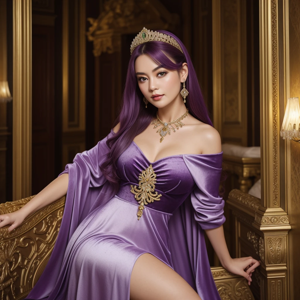 Noble goddess，posing elegantly，Stately atmosphere，face to the viewer，looking to the camera，Best quality、masterpiece、purple hair and emerald eyes, A high resolution、1 girl、elaborate velvet dress，Nice face、busty figure，looking at viewer、hair adornments、choker necklace、jewely、light purple long hair、pretty face、Ancient mythology、Ancient palaces，Luxurious and detailed background、profesional lighting、edge lit、bicolor lighting、（highdetailskin：1.2）、8K, Ultra HD、Digital SLR、softlighting、high high quality，High resolution 4K，8K，blur backgroun，hight contrast，largeaperture，automatic white balance，cinematic compositions，realisticlying，（full body），long legs。