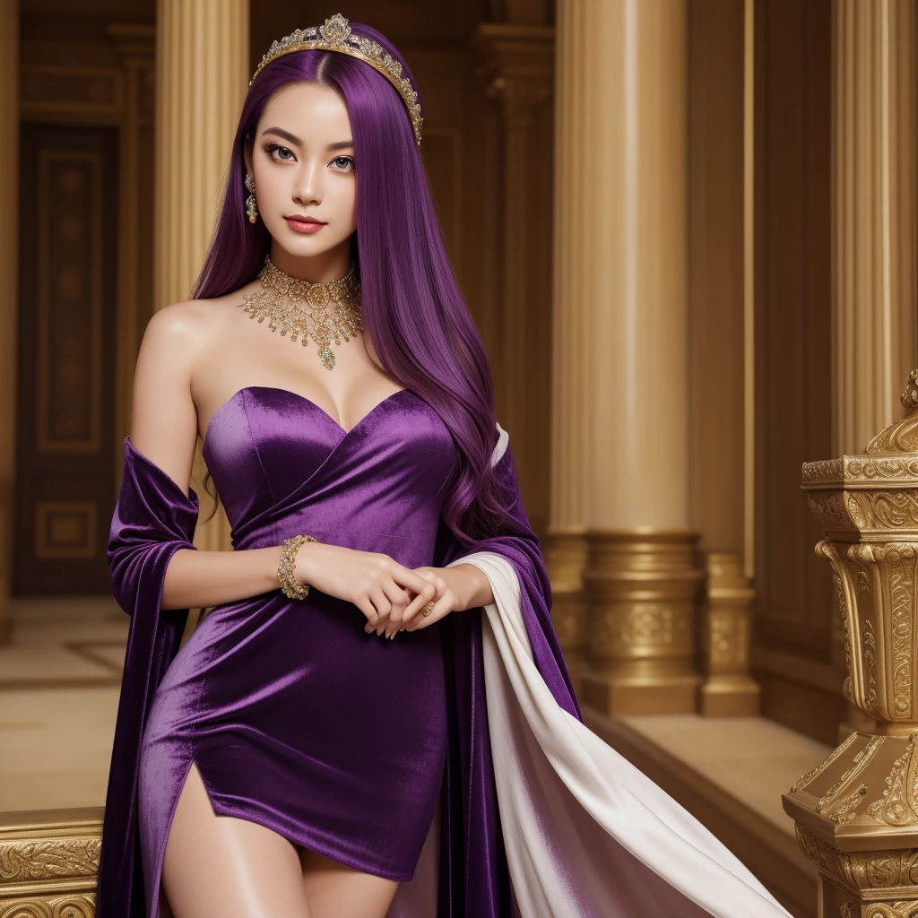Noble goddess,posing elegantly,Stately atmosphere,face to the viewer,looking to the camera,Best quality、masterpiece、purple hair and emerald eyes, A high resolution、1 girl、elaborate velvet dress,Nice face、busty figure,looking at viewer、hair adornments、choker necklace、jewely、light purple long hair、pretty face、Ancient mythology、Ancient palaces,Luxurious and detailed background、profesional lighting、edge lit、bicolor lighting、(highdetailskin:1.2)、8K, Ultra HD、Digital SLR、softlighting、high high quality,High resolution 4K,8K,blur backgroun,hight contrast,largeaperture,automatic white balance,cinematic compositions,realisticlying,(full body),long legs。