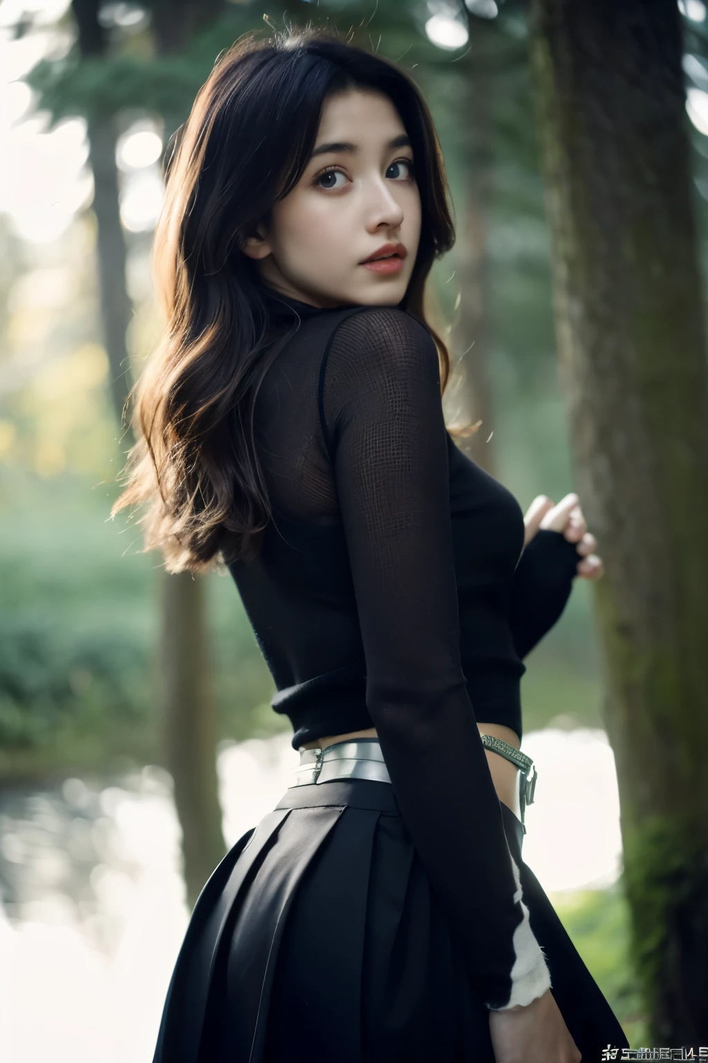 HDR (High Dynamic Range), Ray Tracing, NVIDIA, Perfect Picture Quality, Long Haired Woman, Slim Figure, Curves, Long Legs, Delicate Facial Features, High Nose Bridge, Big Eyes, Silver Hair, Feminine, Black Stockings, Black Sweater Bandeau, Sideways, Forest at Night, Moonlight, Belly Button, Good Fingers, Perfect Eyes, Cinematic Light, Black Skirt, Slightly Open Eyes