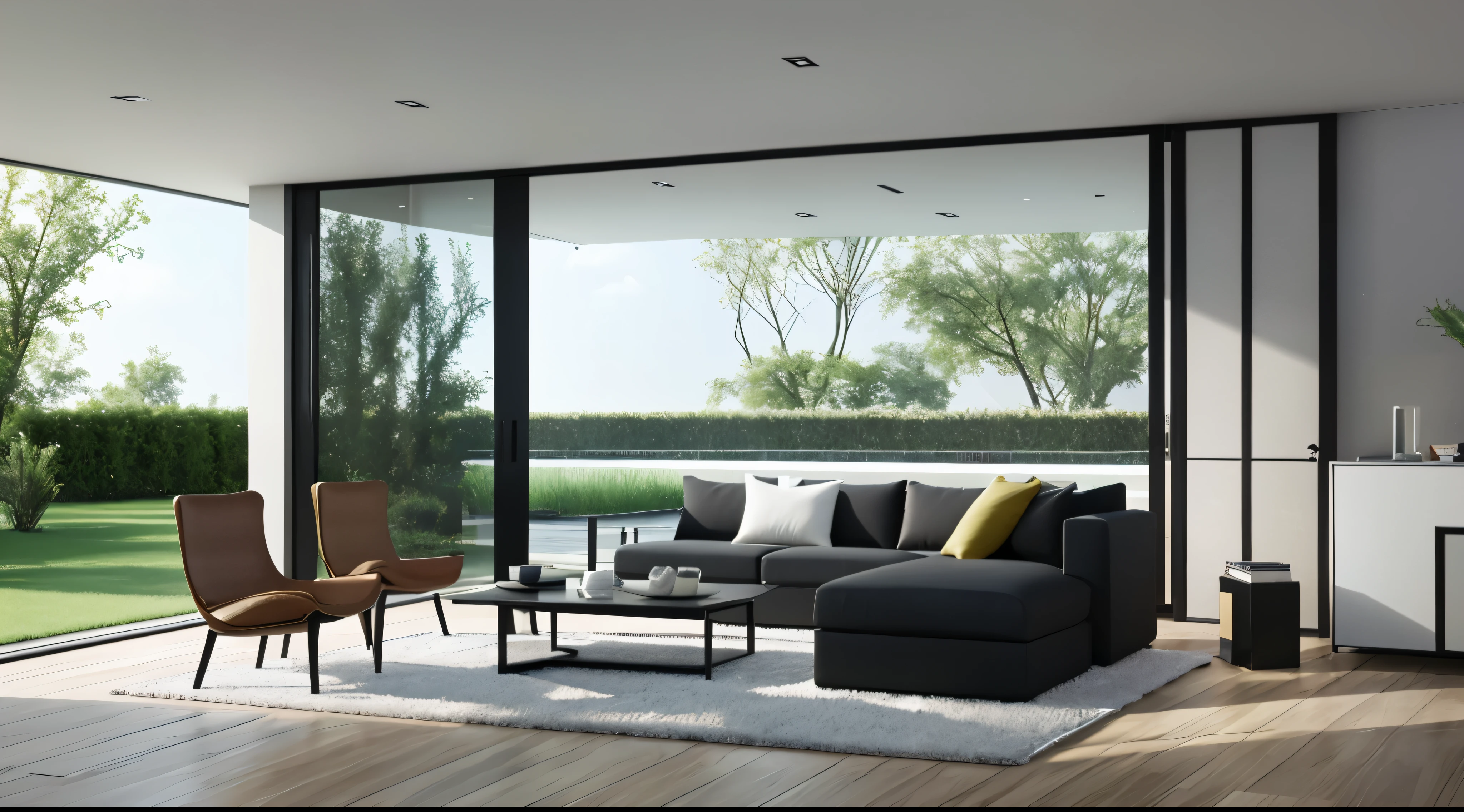 You are a famous interior designer、You have been asked to create a 3D image of a modern large room. Create a harmonious environment with modern and minimalist furniture. Including garden interior.
