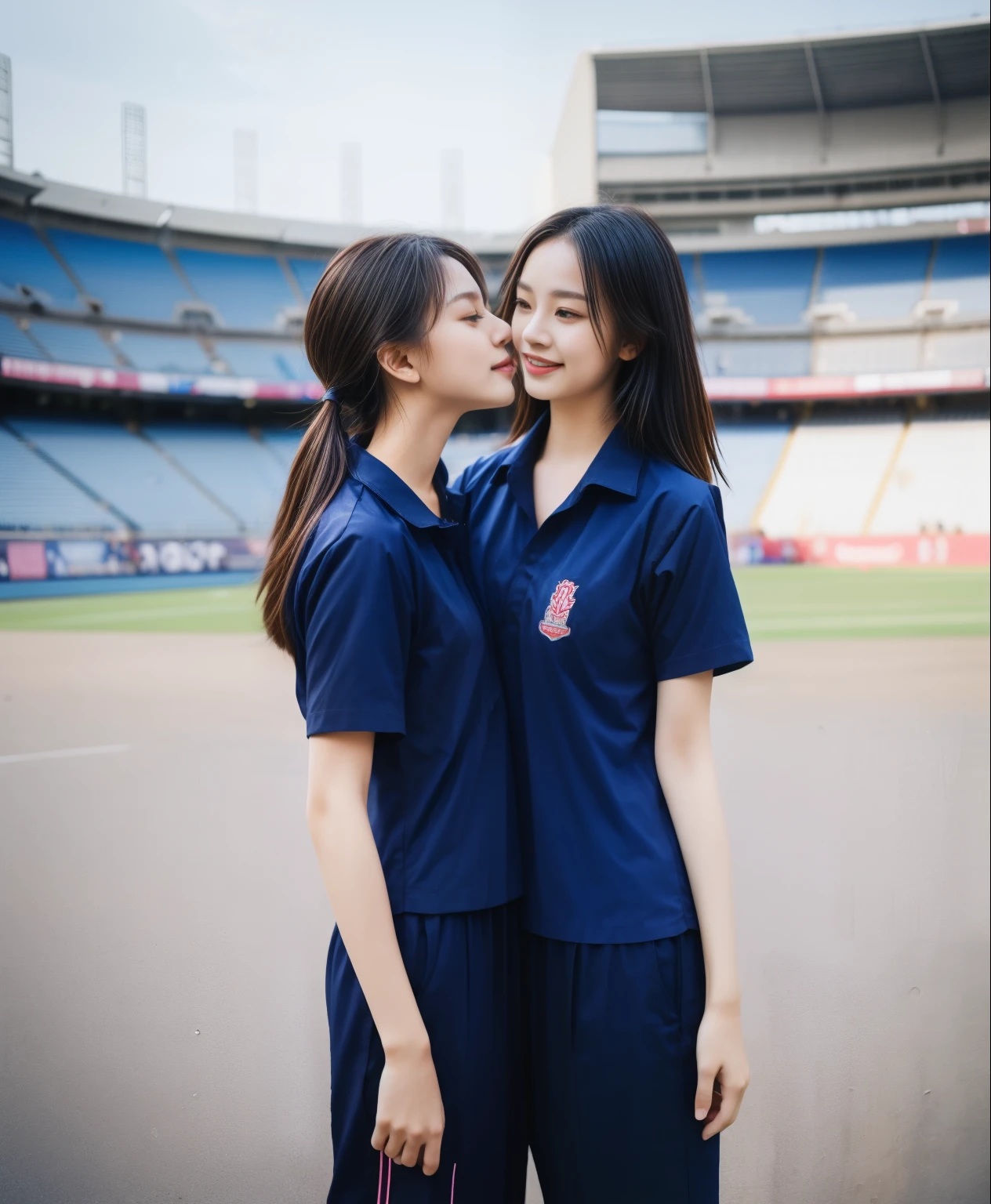 (bestquality,10,10,highres,masterpiece:1.2),ultra-detail,(Realistic,ภาพRealistic,photo-realistic:1.37),1 Cute girl in the football field,oily shiny skin,bara,light smile,BDclothelue shirt:1.3)),short sleeves,shirt, trousers.,(navy_long_ติดตามtrousers:1.1), ((Stadium Background:1.3)),dynamic angle,excited,face focus,Dynamic Poses,from behide,Ass Focus,masterpiece, bestquality, ultra realistic, hyper-detail, 8k resolution, RAW photo, crisp focus, ((Navy blue shirt:1.1)), short sleeves, เส้นทางlong, Complete bodyแบบ, 2 mature women, 18yo, cinematic light,trousersวอร์มสีน้ําเงิน,Gymware,Correct anatomy,Complete body, Correct body, sharp face, Correct bodyทางกายวิภาค, full entire body, Realistic gestures, long-haired, Realistic poses,Wear long shorts..............................,ช่วงขาlong,Shapely,Sculpting Girl, Slender Figure, mannequin mannequins, Shapely, Beautiful body,trousersวอร์มสีน้ําเงิน, Two girls kissing