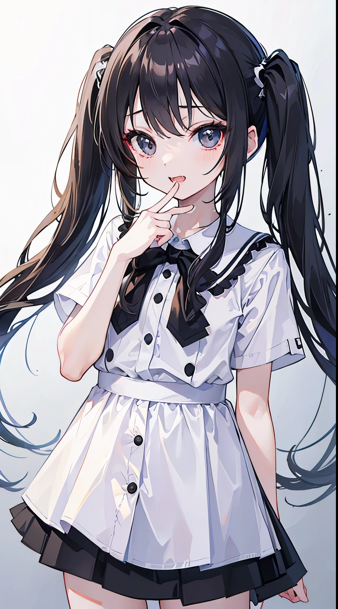 (8K、Top image quality、top-quality、​masterpiece)、A detailed face、1 girl in、Dark hair、((twintails))、black eyes、Show your fangs and laugh、Smaller chest、white  shirt、((Removed button))、shortsleeves、Black miniskirt、cowboy  shot、Classroom Background
