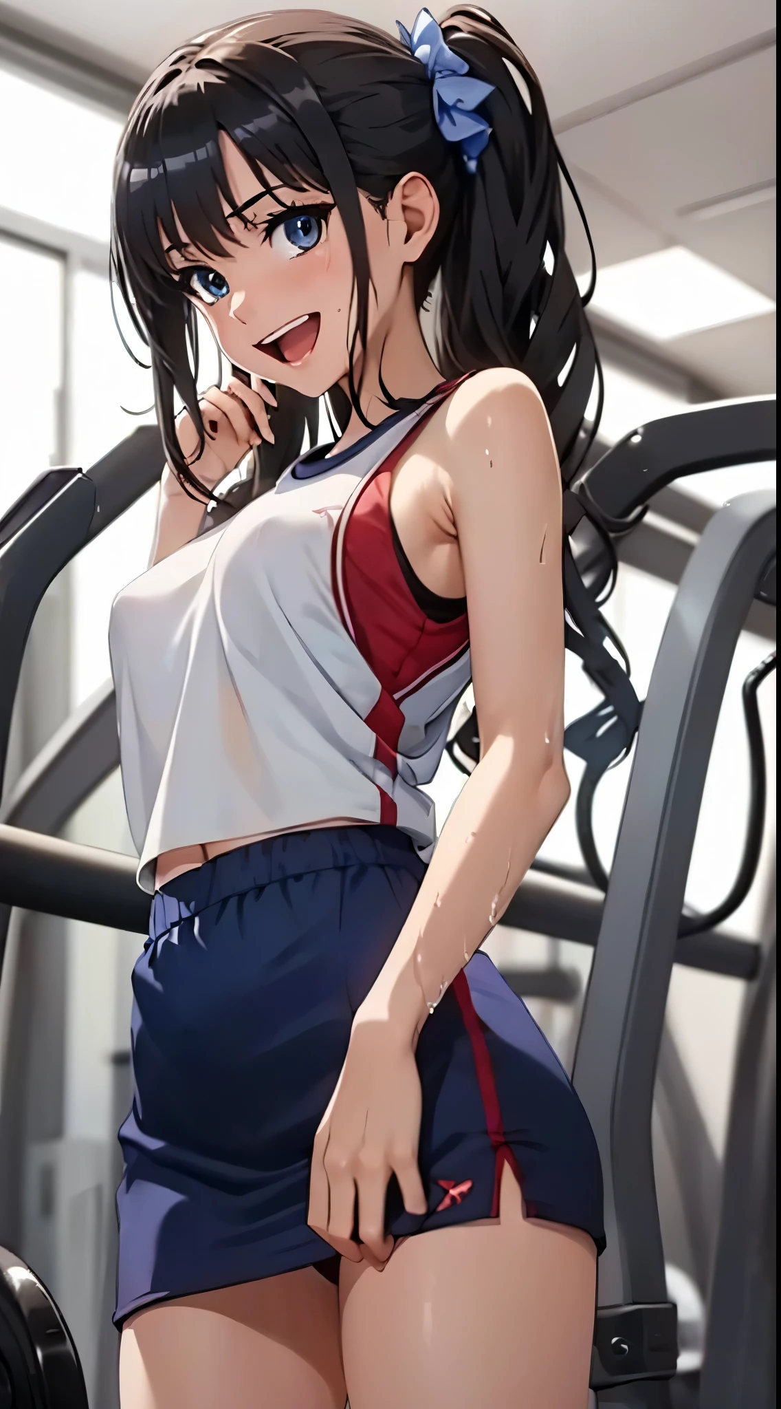 1womanl,Black hair,14 year old beautiful breasts,(((Sexy white and blue shiny gym clothes and short cheeks、Smile with open mouth)),(((Satin Narico))),((( portlate))),Crowds,Shiny white and blue gym uniform and microskirt,Wet with sweat,Black bra