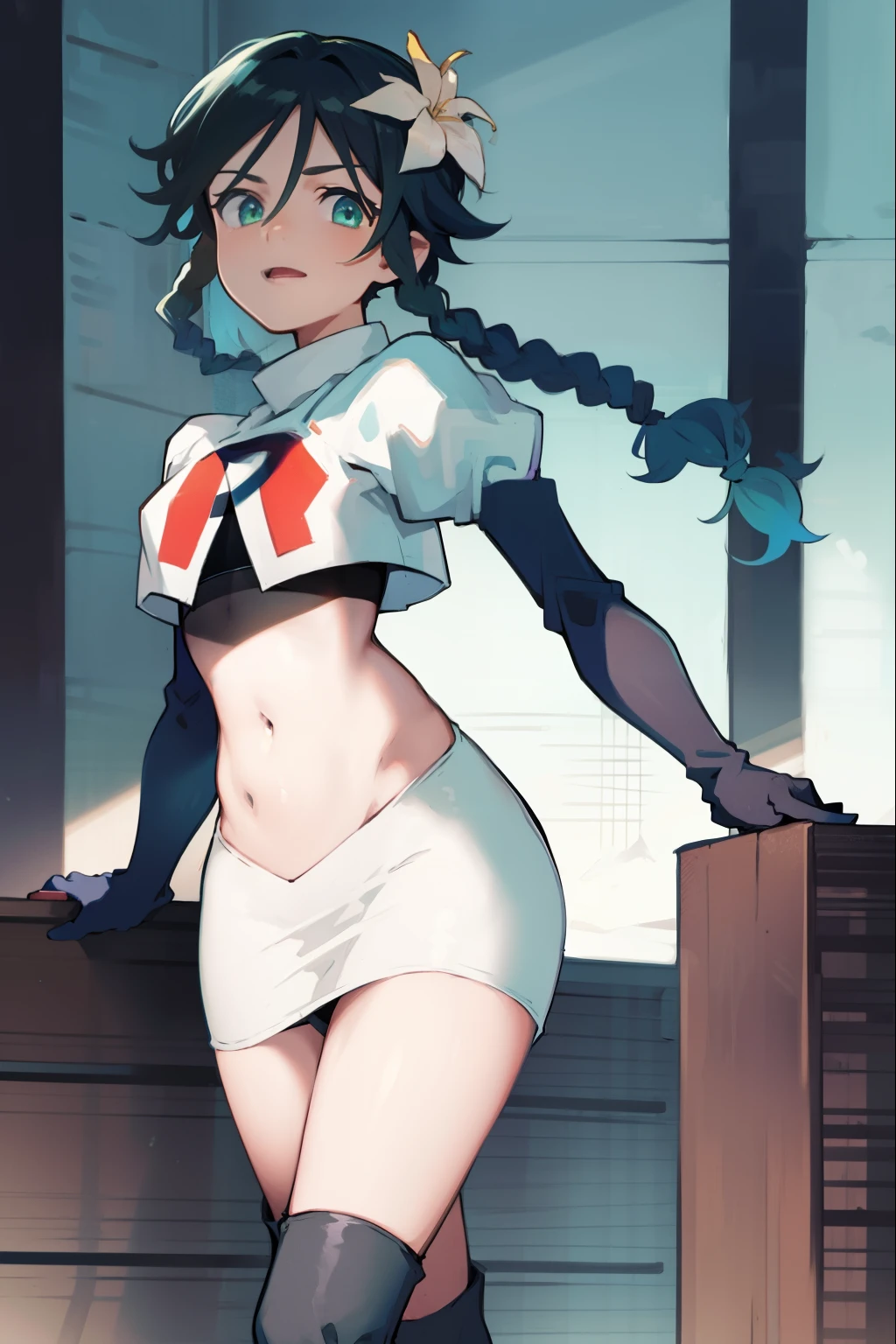absurdres,venti,1boy, male focus, trap,black hair, green-blue hair, hair braid,hair flower,aqua green eyes,crossdressing,1boy,team rocket,team rocket uniform,white skirt,red letter R,crop top,black thigh-high boots,black elbow gloves, laugh