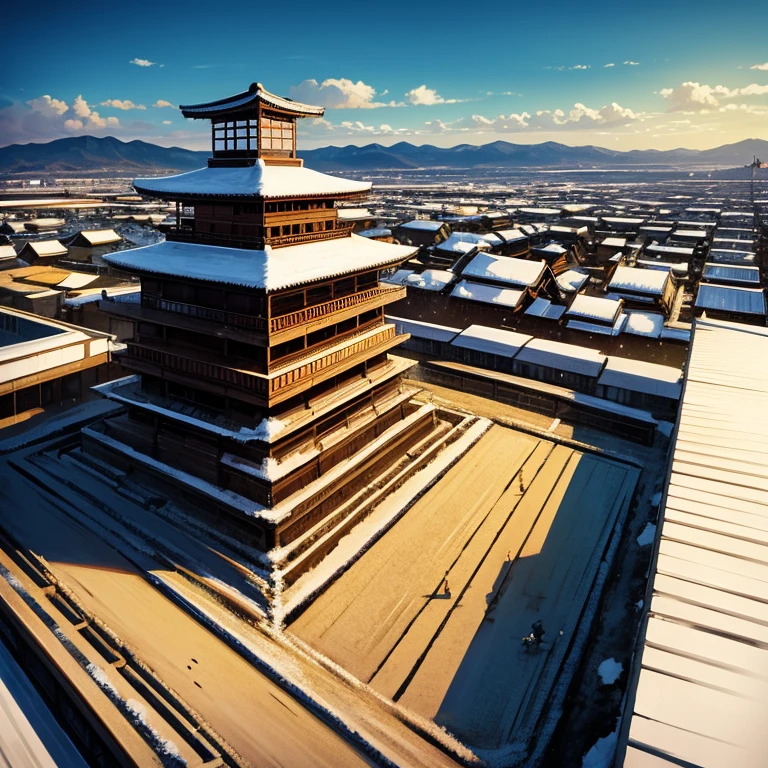 Massive Ancient Japanese city in a snowy plain