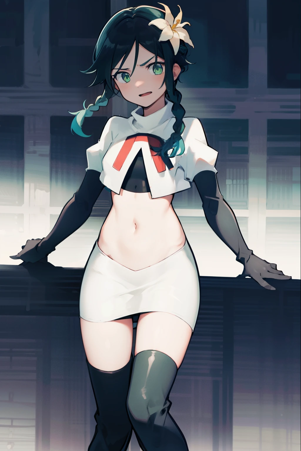 absurdres,venti,1boy, male focus, trap,black hair, green-blue hair, hair braid,hair flower,aqua green eyes,crossdressing,1boy,team rocket,team rocket uniform,white skirt,red letter R,crop top,black thigh-high boots,black elbow gloves, laugh
