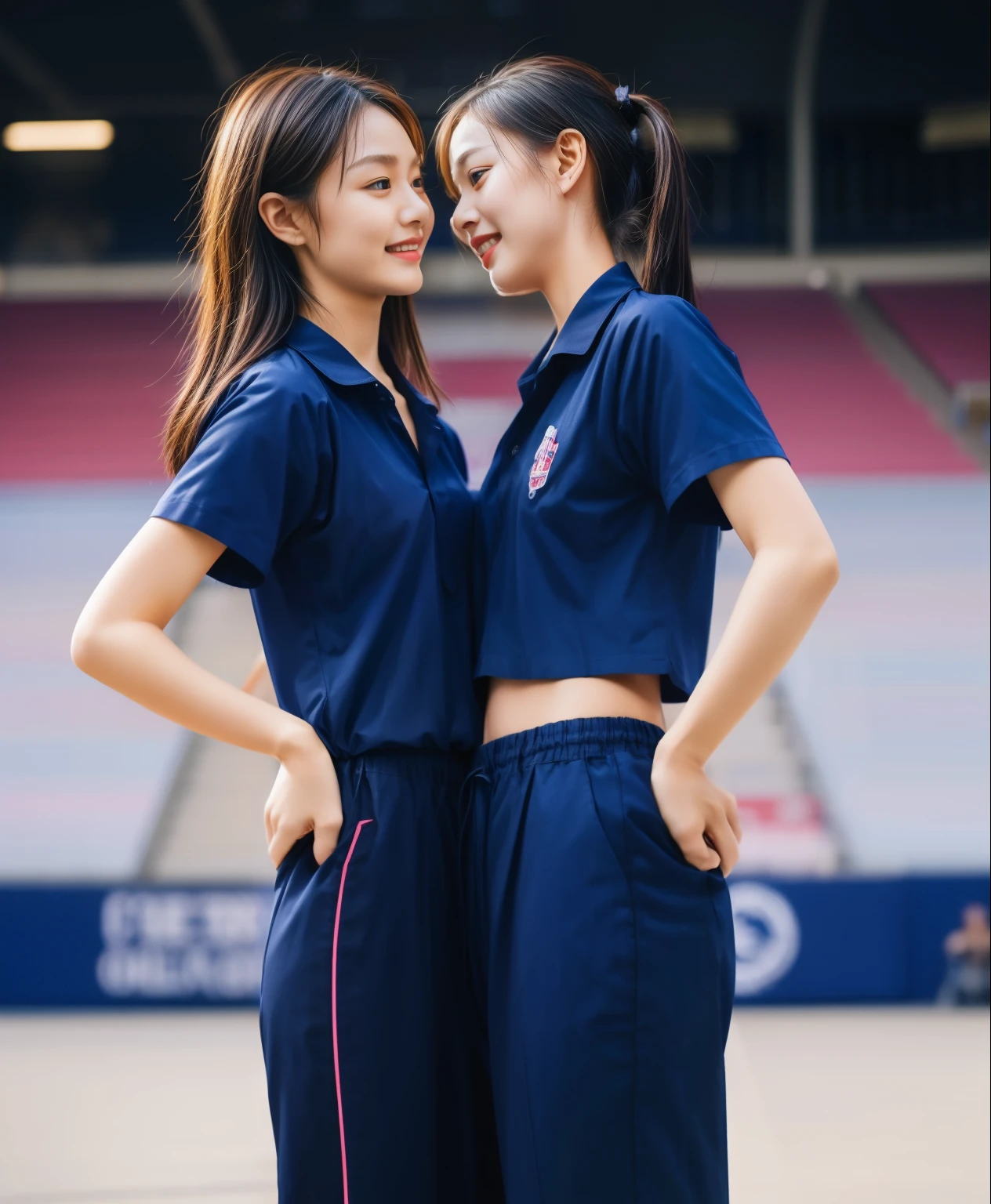 (bestquality,10,10,highres,masterpiece:1.2),ultra-detail,(Realistic,ภาพRealistic,photo-realistic:1.37),1 Cute girl in the football field,oily shiny skin,bara,light smile,BDclothelue shirt:1.3)),short sleeves,shirt, trousers.,(navy_long_ติดตามtrousers:1.1), ((Stadium Background:1.3)),dynamic angle,excited,face focus,Dynamic Poses,from behide,Ass Focus,masterpiece, bestquality, ultra realistic, hyper-detail, 8k resolution, RAW photo, crisp focus, ((Navy blue shirt:1.1)), short sleeves, เส้นทางlong, Complete bodyแบบ, 2 mature women, 18yo, cinematic light,trousersวอร์มสีน้ําเงิน,Gymware,Correct anatomy,Complete body, Correct body, sharp face, Correct bodyทางกายวิภาค, full entire body, Realistic gestures, long-haired, Realistic poses,Wear long shorts..............................,ช่วงขาlong,Shapely,Sculpting Girl, Slender Figure, mannequin mannequins, Shapely, Beautiful body,trousersวอร์มสีน้ําเงิน, Two girls kissing