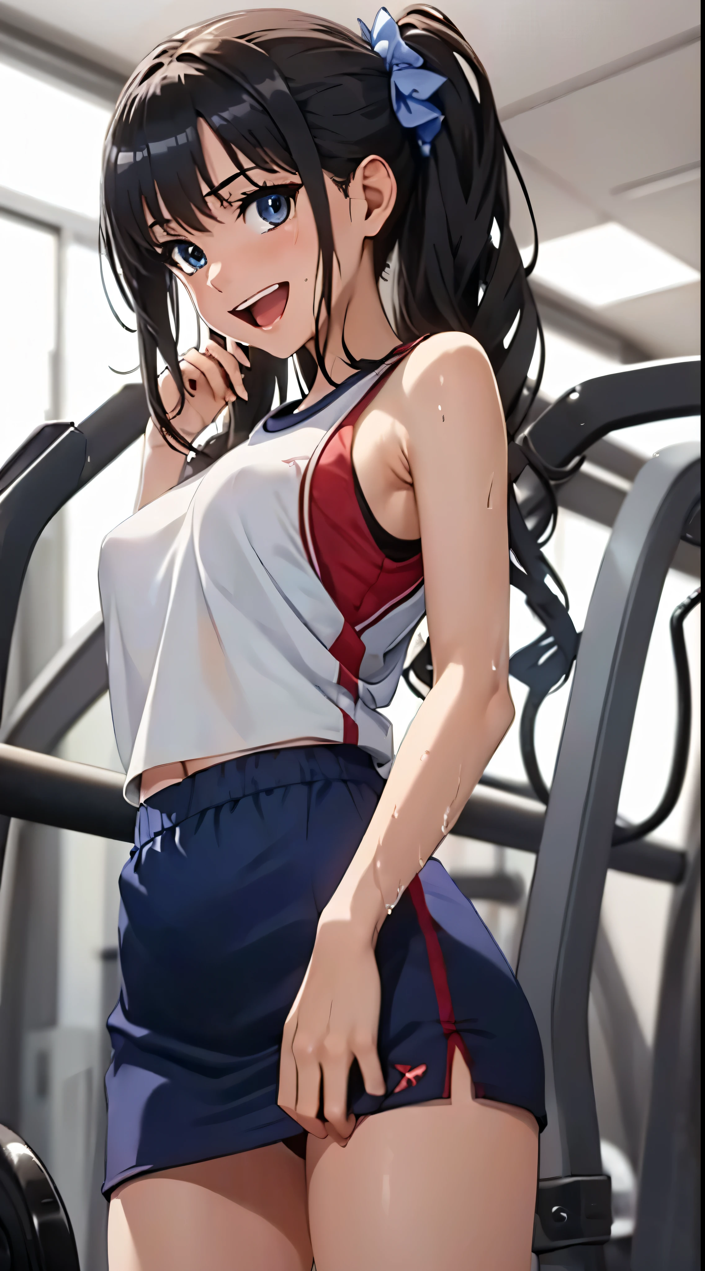 1womanl,Black hair, beautiful breasts,(((Sexy white and blue shiny gym clothes and short cheeks、Smile with open mouth)),(((Satin Narico))),((( portlate))),Crowds,Shiny white and blue gym uniform and microskirt,Wet with sweat,Black bra