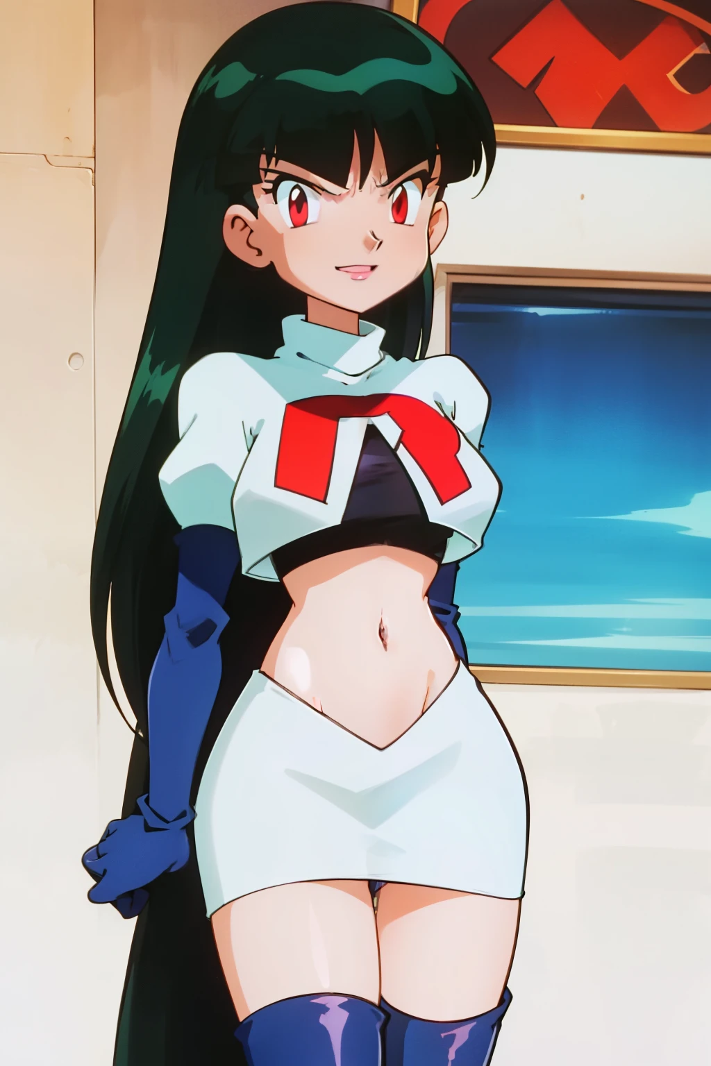 SabrinaPKMN ,red eyes, black hair ,glossy lips ,team rocket,team rocket uniform, red letter R, white skirt,white crop top,black glossy thigh-high boots, glossy black elbow gloves , looking at viewer, evil smile