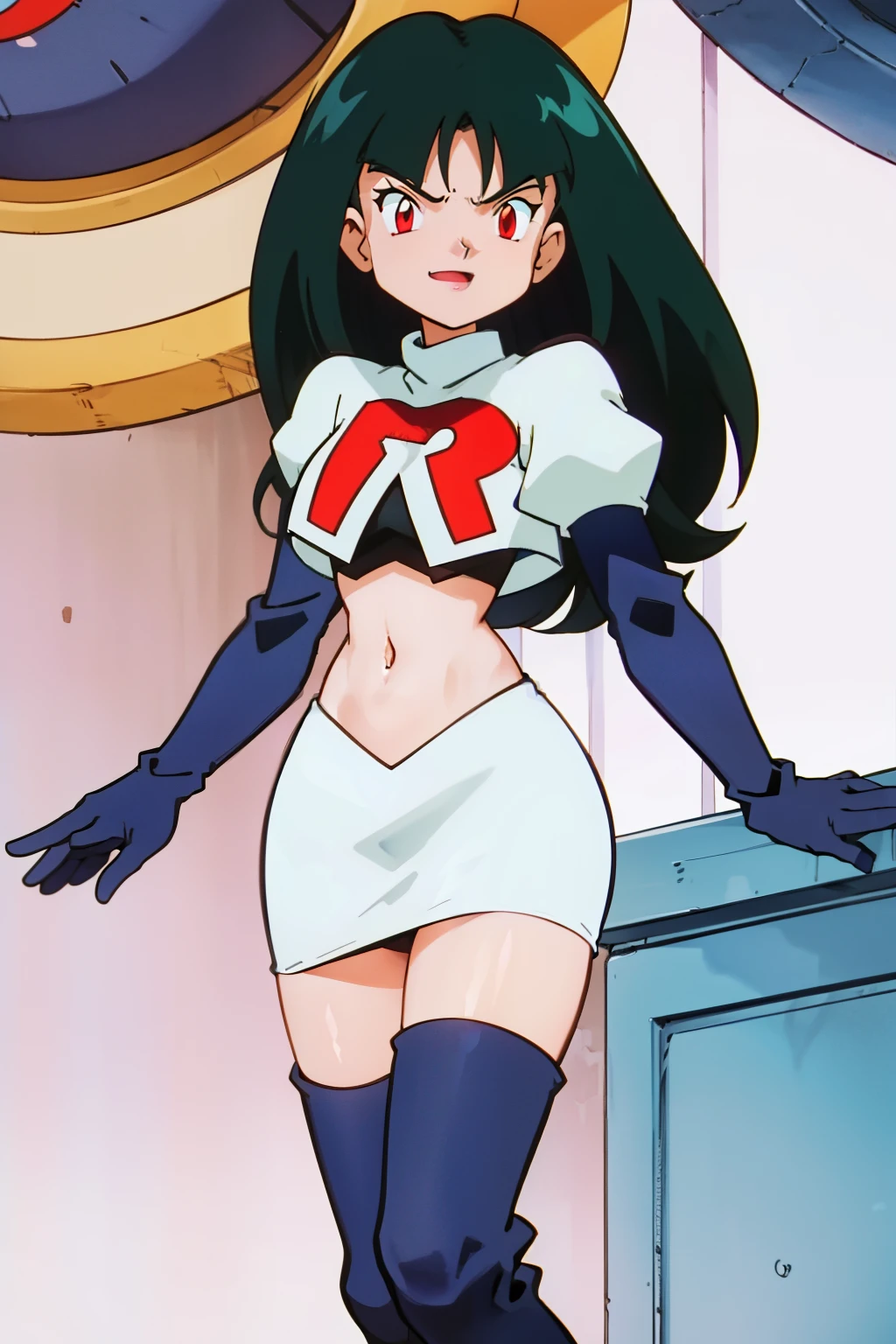 SabrinaPKMN ,red eyes, black hair ,glossy lips ,team rocket,team rocket uniform, red letter R, white skirt,white crop top,black glossy thigh-high boots, glossy black elbow gloves , looking at viewer, evil smile