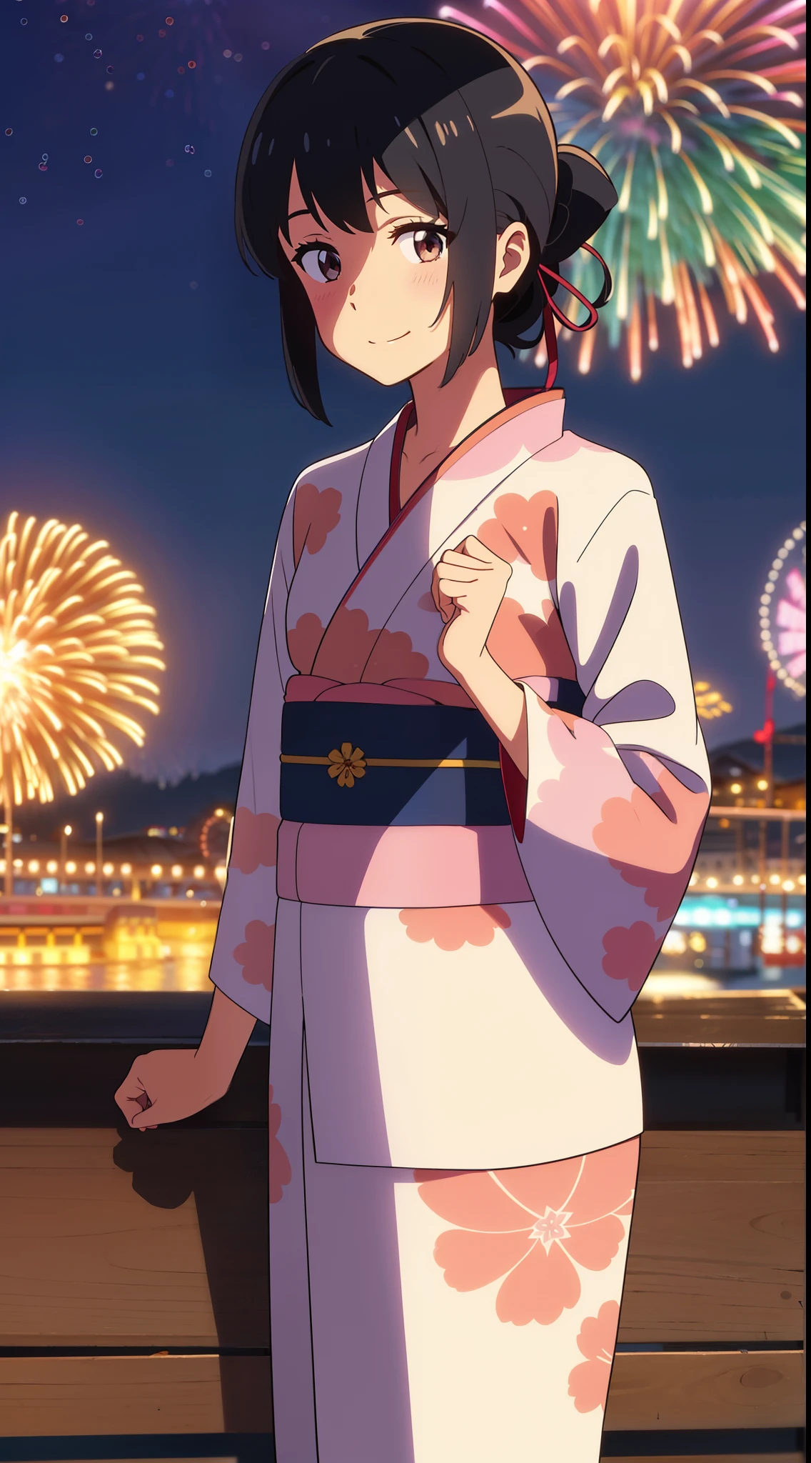 shinkai makoto, kimi no na wa., 1girl, bangs, black hair, blush, brown eyes, red bow, red ribbon, smile, cute, beautiful, navy blue kimono, navy blue dress, floral print, japanese clothes, navy blue yukata, looking at viewer, night, night sky, outdoors, print kimono, summer festival, Amusement park, aerial fireworks, fireworks, dynamic lights