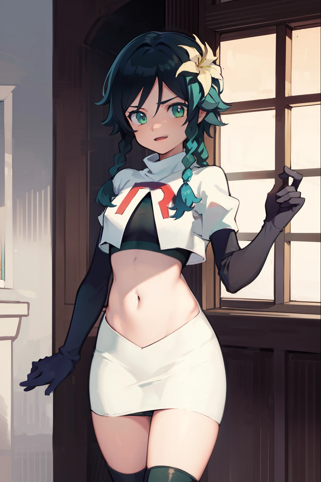 absurdres,venti,1boy, male focus, trap,black hair, green-blue hair, hair braid,hair flower,aqua green eyes,crossdressing,1boy,team rocket,team rocket uniform,white skirt,red letter R,crop top,black thigh-high boots,black elbow gloves, laugh, happy