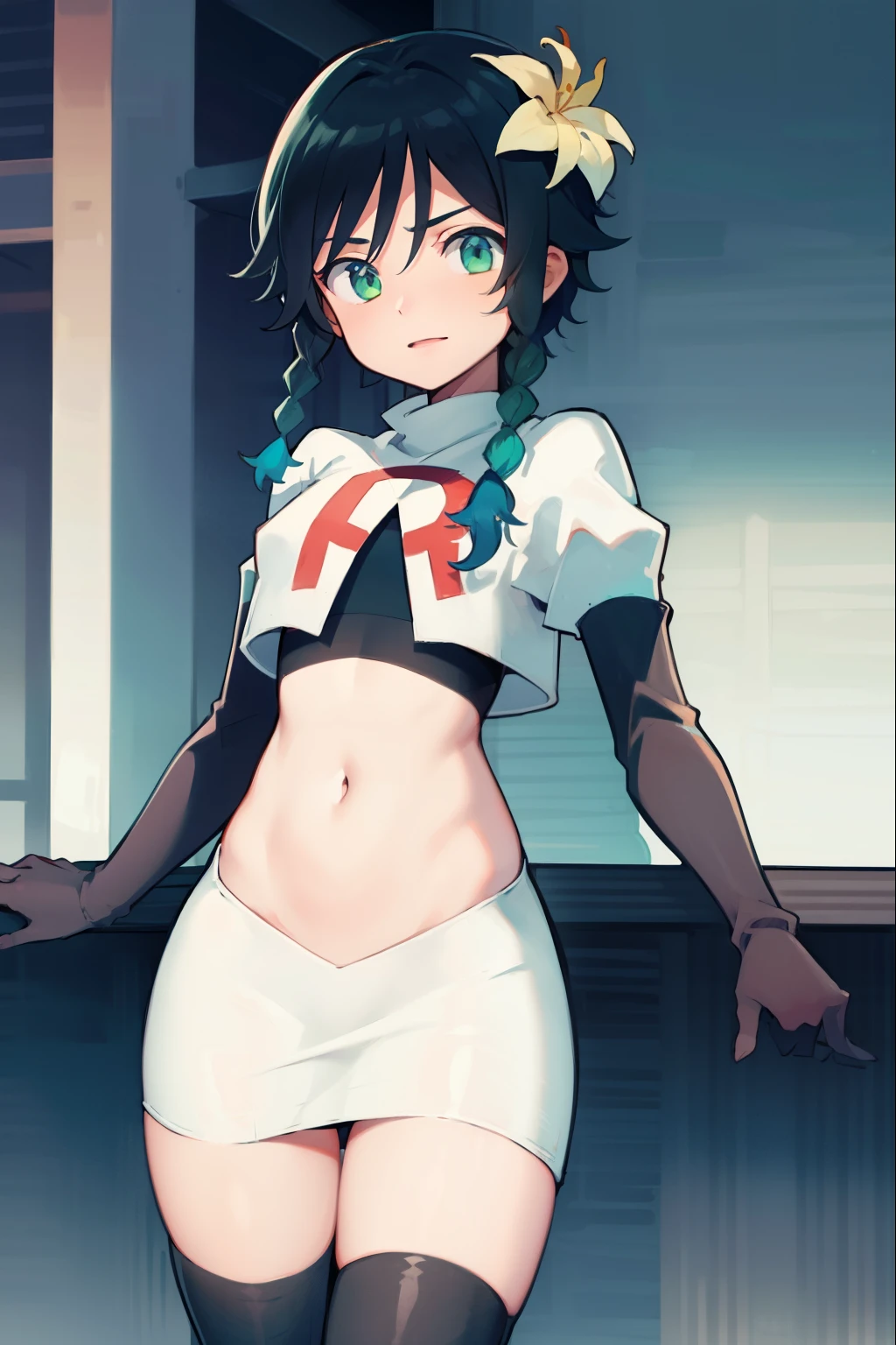 absurdres,venti,1boy, male focus, trap,black hair, green-blue hair, hair braid,hair flower,aqua green eyes,crossdressing,1boy,team rocket,team rocket uniform,white skirt,red letter R,crop top,black thigh-high boots,black elbow gloves, laugh, happy