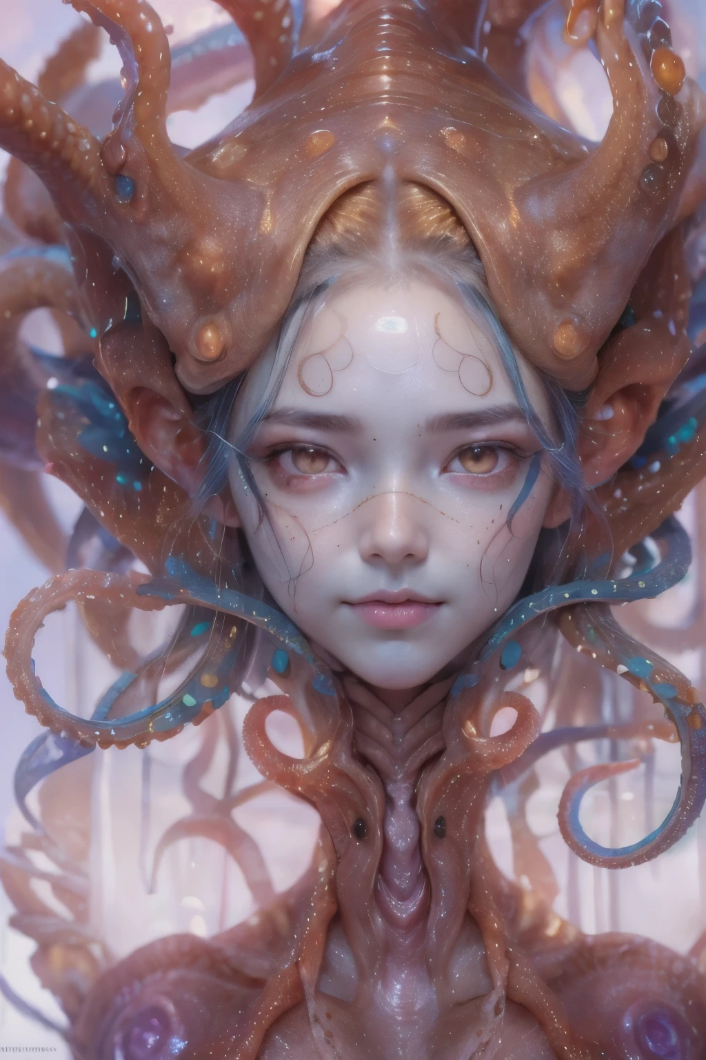 Portrait, (beautiful female alien:1.2),  (she has red eyes with no pupils:1.8), (Translucent skin:1.7),  (There is a female genital-like organ in the middle of the forehead:1.9), (The most beautiful face in the history of the universe:1.2),an evil gaze that seduces, (large mouth:1.1), (sharp teeth like a vampire:1.2), Full body like, (bio luminescent:1.5), (Smile wickedly:1.3),  (sexypose:1.5), alien, No humans, cells are fused, (Lots of translucent tentacles:1.3) extraterrestrial, cell, bio image, Best Quality, 8K,4K_quality, High Definition, Dramatic Lighting, masutepiece:1.5,cinematic quality, detail up, (Intricate details:1.2), High resolution, High Definition, drawing faithfully, (Thick eyebrows:1.2), Beautiful eyes with fine symmetry,(Highly detailed face and eyes:1.2), Intimate face, (Super detailed skin quality feeling:1.4), Perfect Anatomy,  (Beautiful toned body:1.5),  (Moist skin:1.2), No makeup, (dark circles:1.1), long canines, cinematic drawing of characters, ultra high quality model, cinematic quality, detail up, (Intricate details:1.2), High resolution, High Definition, drawing faithfully, Official art, Unity 8K wall  , 8K Portrait, Best Quality, Very High resolution, ultra detailed artistic photography, midnight aura,  unreal enginee 5, Ultra Sharp Focus, art by alberto seveso, ArtGerm, Roisch, intricate artwork, best quality, masutepiece, ultra High resolution, (photos realistic:1.4), Ultra-realistic realism, dream-like,  nautilus, Creation of fantasy, Snail, Dream Snail,  biopunk nautilus, Thrilling color schemes， Ultra-realistic realism， seductively smiling, Blue tentacles,