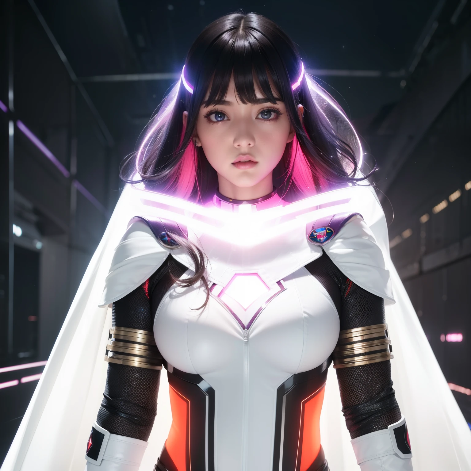 Bust to waist ((perfect face)) perfect skin, hyperrealistic masterpiece, Superheroine girl ((fringe glowing colorful)) in extremely complex & superdetailed tight plugsuit ((with white cape)), sharp focus, cinematic illumination: 8k, (((spacecore  aesthetic style::1)))