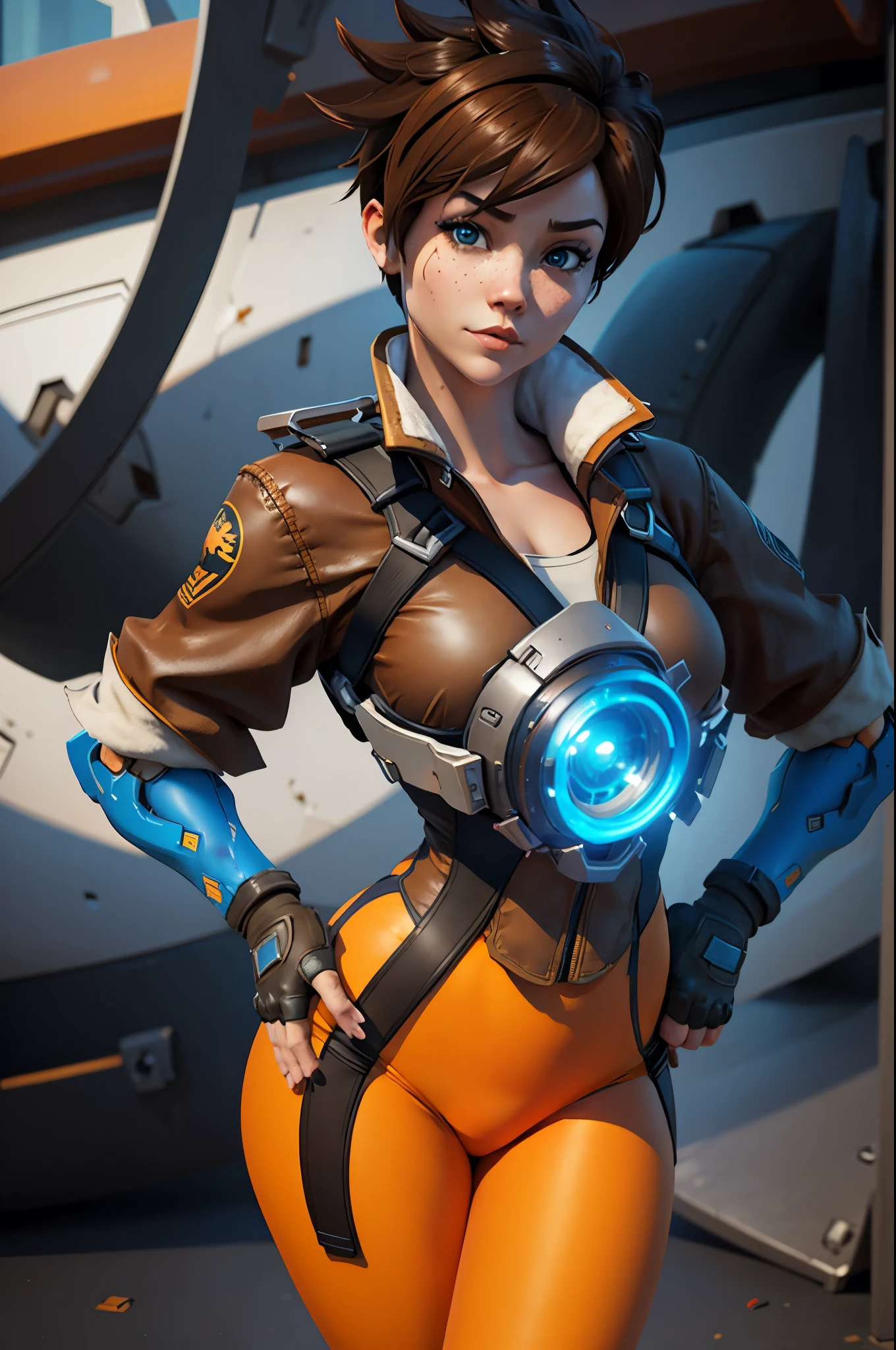 dark art, thick outlines, comics, photorealistic, perfect hands, masterpiece:1.2, city, blue sky, 1 girl, solo, wide hips, cute pose, tracer, brown hair, brown bomber jacket, chest harness, white vambraces, orange bodysuit, orange leggings, short hair, brown eyes, small breast, detailed background, detailed face, detailed eyes,