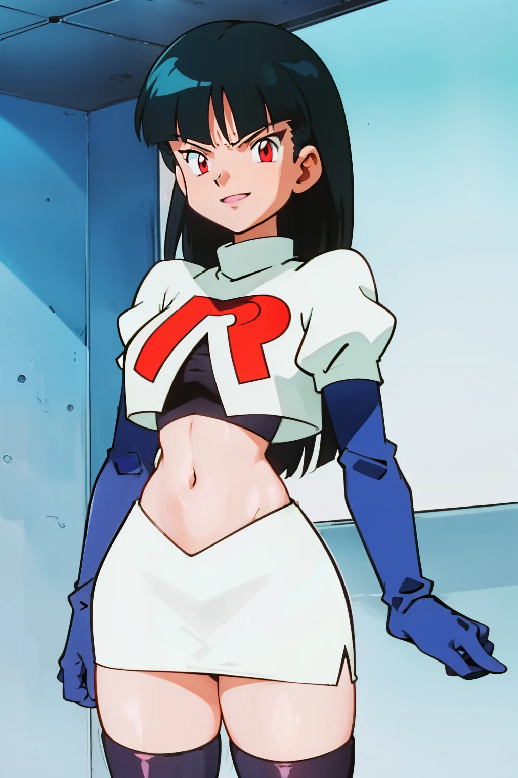 SabrinaPKMN ,red eyes, black hair ,glossy lips ,team rocket,team rocket uniform, red letter R, white skirt,white crop top,black glossy thigh-high boots, glossy black elbow gloves , looking at viewer, evil smile