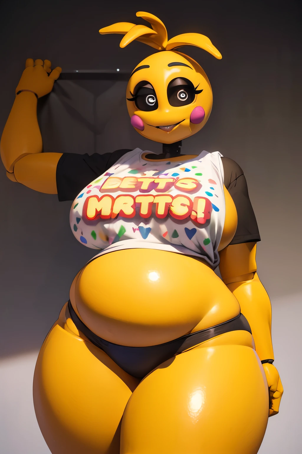 (masterpiece, best quality:1.2), detailed background, 8k hd, high detail, ToyChica, 1girl, solo, massive thighs, ((gigantic hips)), ((massive butt)), ((very tight panties)), black panties, breasts, heart, colored skin, yellow skin, symbol-shaped pupils, heart-shaped pupils, black eyes, large breasts, joints, collar, standing, colored sclera, antenna hair, ((black shirt)), tight shirt, ((massive belly))), pregnant, blue belly, drooling, blue drool, colored drool, camera behind, pose