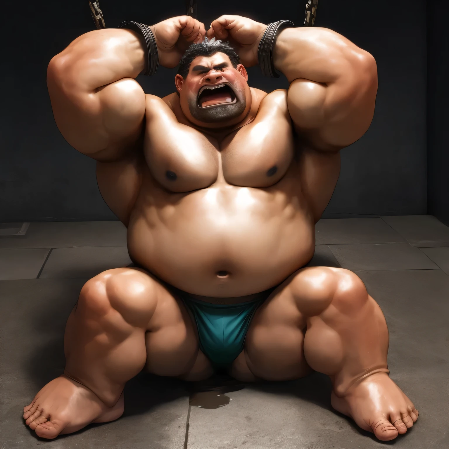 masutepiece,top-quality, 16K, the fat man is a prisoner, Japan, A rugged, gritty reality setting, Fatty muscle, His wrists and ankles are tied together with thick handcuffs., Arms up, Both arms are handcuffed, captured prisoner, arm above his head, arms stretched upwards, sitting on ground, There is a small puddle at his feet, Incontinence makes underwear transparent, incontinent, Naked, short legs, Bowleg, Spread legs, (fatness: 0.3), Wear a white T-back loincloth, Bare belly, Bare legs, Shirtless, thinning hair, big eye, Shy, sobbing, It's hard to breathe, Grim expression, Round face, steams, Solo, The background is the basement,