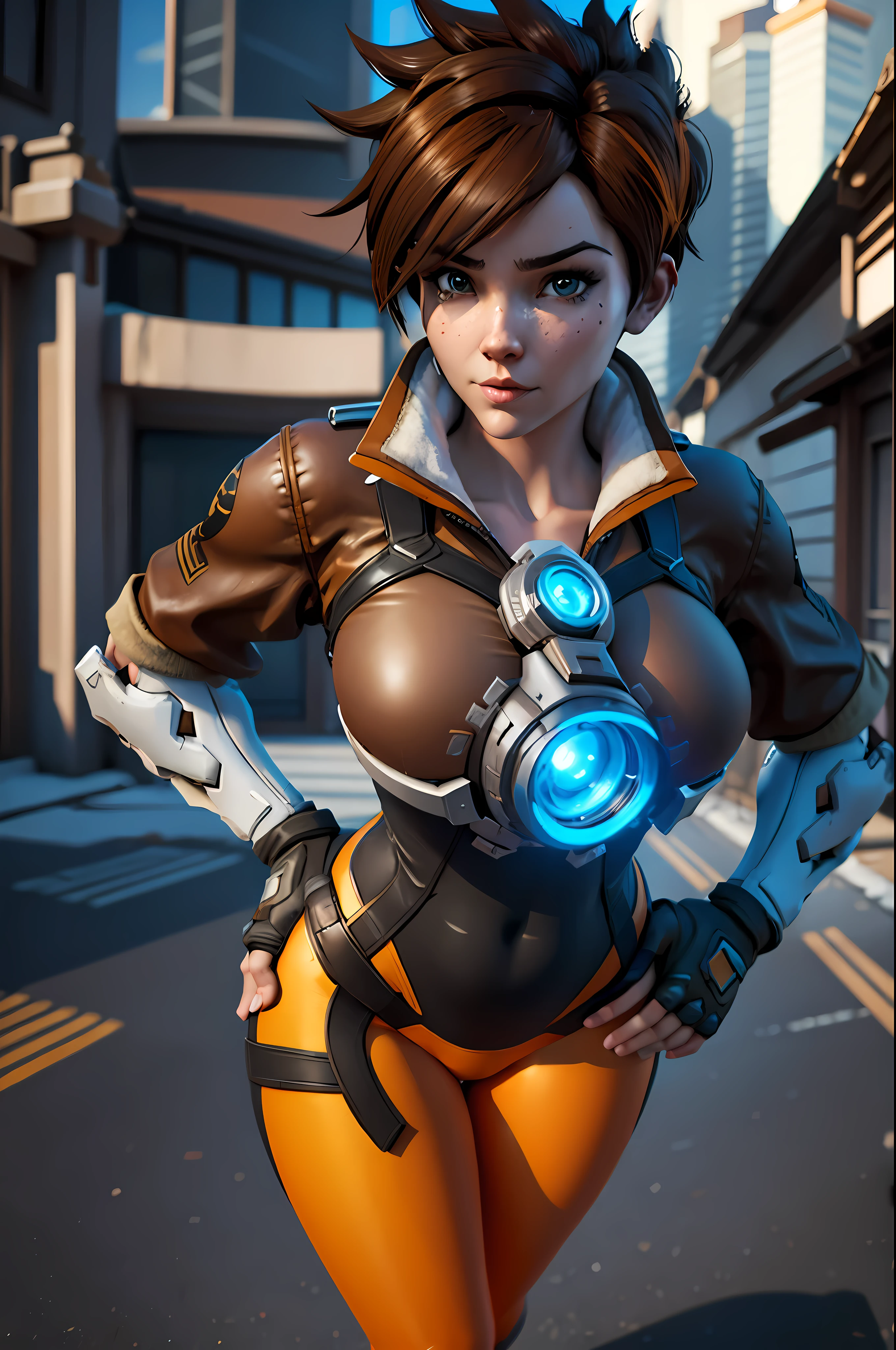 dark art, thick outlines, comics, photorealistic, perfect hands, masterpiece:1.2, city, blue sky, 1 girl, solo, wide hips, cute pose, tracer, brown hair, brown bomber jacket, chest harness, white vambraces, orange bodysuit, orange leggings, short hair, brown eyes, small breast, detailed background, detailed face, detailed eyes,