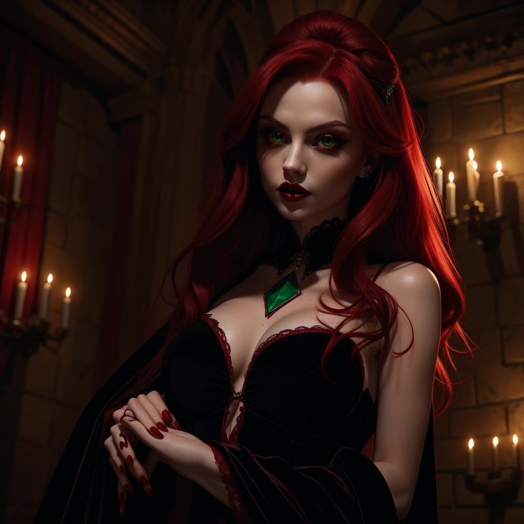sensual vampire woman, long fangs, red hair, emerald green eyes, big eyes, big red lips, blood dripping down chin, in a dark ancient castle, elaborate velvet dress