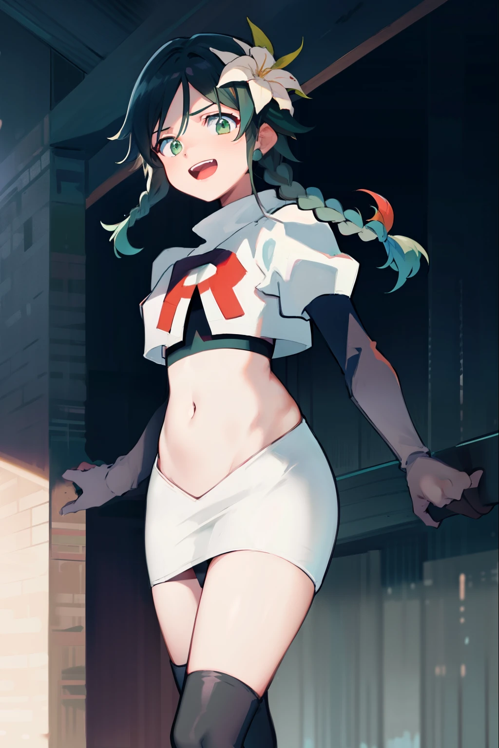absurdres,venti,1boy, male focus, trap,black hair, green-blue hair, hair braid,hair flower,aqua green eyes,crossdressing,1boy,team rocket,team rocket uniform,white skirt,red letter R,crop top,black thigh-high boots,black elbow gloves, laughing, happy