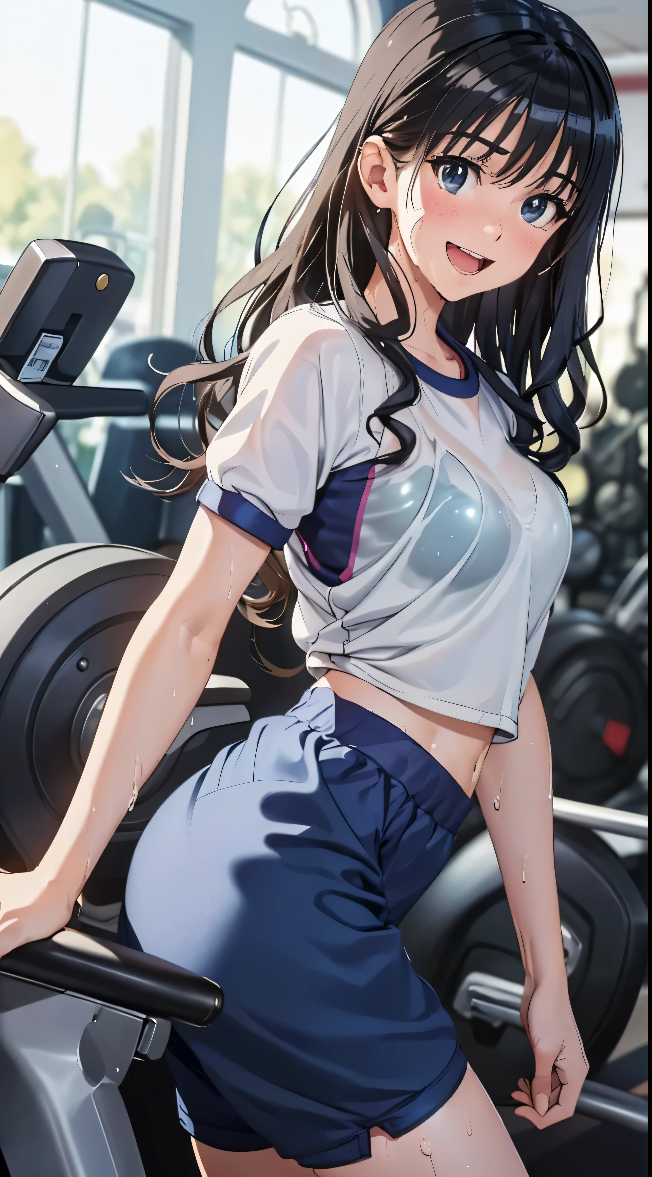 1womanl,Black hair, beautiful breasts,(((Sexy white and blue shiny gym clothes and short cheeks、Smile with open mouth)),(((Satin Narico))),((( portlate))),Crowds,Shiny white gym uniform and blue shorts,Wet with sweat
