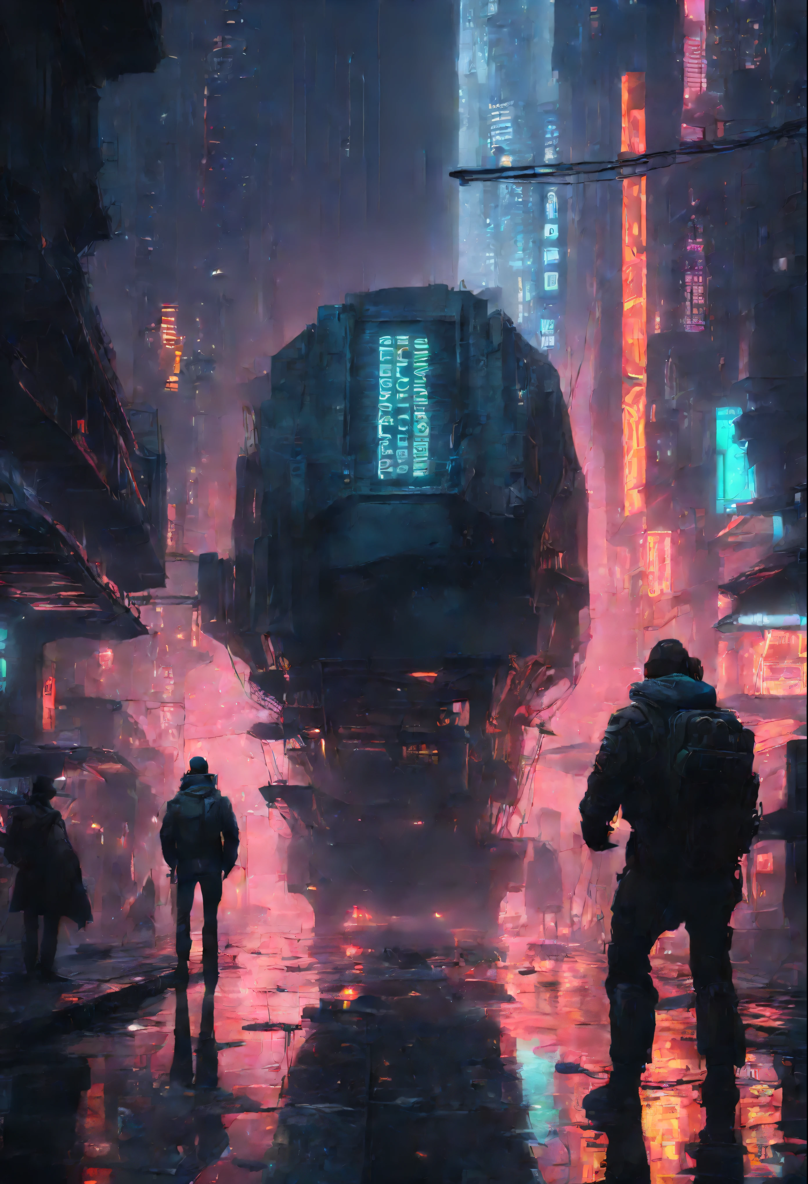 JZCG021, Cyberpunk Alley, neon lights, holographic billboards, rain-soaked pavement, futuristic architecture, hovercars, reflections, bustling crowds, cyber-enhanced citizens, steam rising from vents, dystopian cityscape, mega-corporation logos, artificial intelligence, surveillance drones, augmented reality graffiti, virtual reality storefronts, dark alleys, futuristic cyberpunk aesthetics, high-tech, cyberpunk masterpiece, neon-soaked city, cyber-enhancements, futuristic skyscrapers, Blade Runner atmosphere, rainy night, high-quality cyberpunk art.