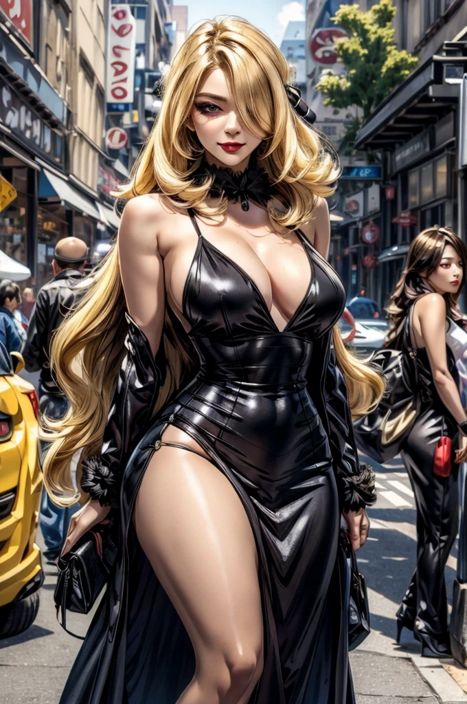 (cynthia //(pokemon)//、Unity 16K Wallpaper, Masterpiece, Best Quality, Ultra-Detailed, Extremely Detailed CG, Caustics, Cinematic Lighting, Detailed, Beautiful Detailed Eyes, solo), Ultra High Resolution, fine skin, ((heavy makeup:1.2,eyeliner,eyeshadow:1.1,tanned skin,mascara,curvy,medium breasts)), (strong light)、perfect skin,smile,long hair, hair over one eye, blonde hair color,hair ornament, casual , from front:1.2、(korean gal、sexy women、v cut black dress ),cleavage