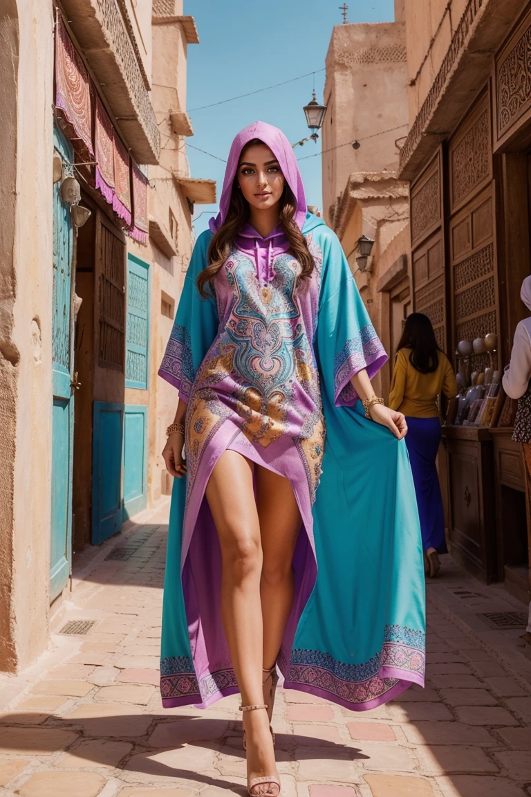 Instagram-Models posieren in Marakesh souk, in colorful futurisic kaftan hoodie, full entire body, beautiful detailed eyes, beautifully detailed lips, extremely detailed eyes and face, kurzes, welliges rosa Haar ((best qulaity)), ((Meisterwerk)), (detailliert), perfektes Gesicht, full entire body