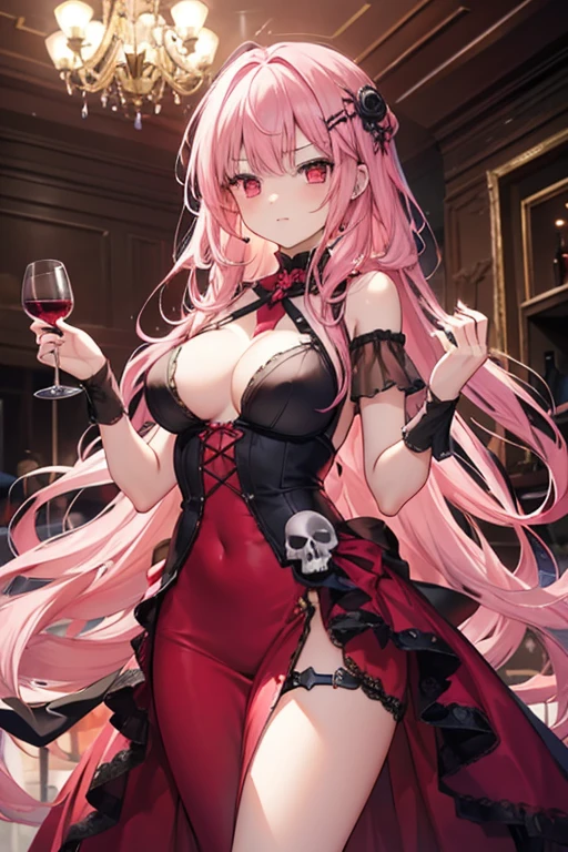 1girl, 18 years old, long pink hair, red eyes, red short long dress, princess death, skull hair clip, serious, holding glass of wine, boobs, hour glass body.