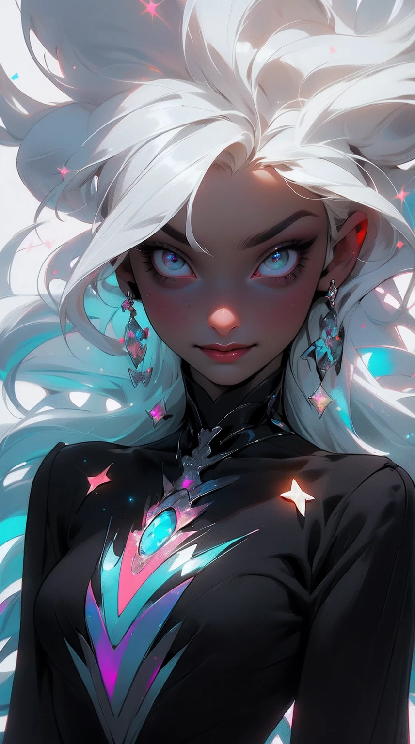 {-erro_de_anatomia:1.0}masterpiece, highest quality, (perfect face:1.1, (high detail)1.1, sweet Alien vampire , long soft white hair, opal eyes, perfectly drawn face, black dress, stars detailed background, prismatic lighting, glitter,  whole body