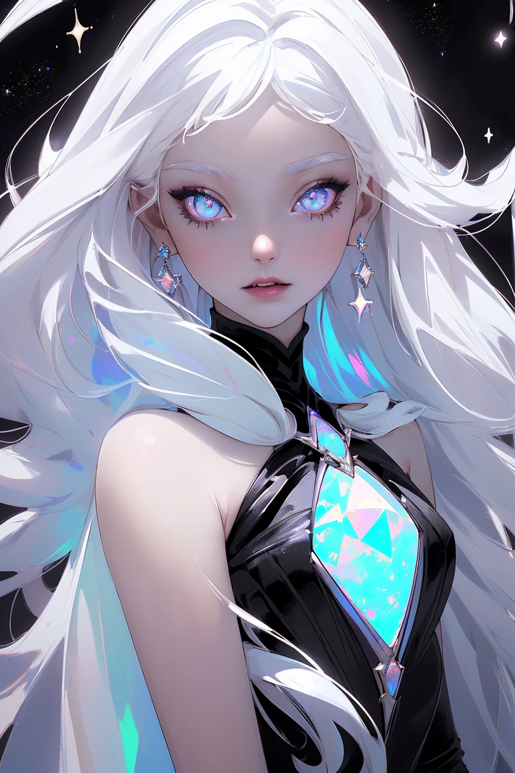 {-erro_de_anatomia:1.0} masterpiece, highest quality, (perfect face:1.1, (high detail)1.1, sweet Alien vampire , long soft white hair, opal eyes, perfectly drawn face, black dress, stars detailed background, prismatic lighting, glitter,  whole body