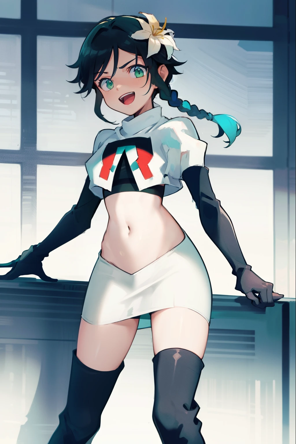 absurdres,venti,1boy, male focus, trap,black hair, green-blue hair, hair braid,hair flower,aqua green eyes,crossdressing,1boy,team rocket,team rocket uniform,white skirt,red letter R,crop top,black thigh-high boots,black elbow gloves, laughing, happy