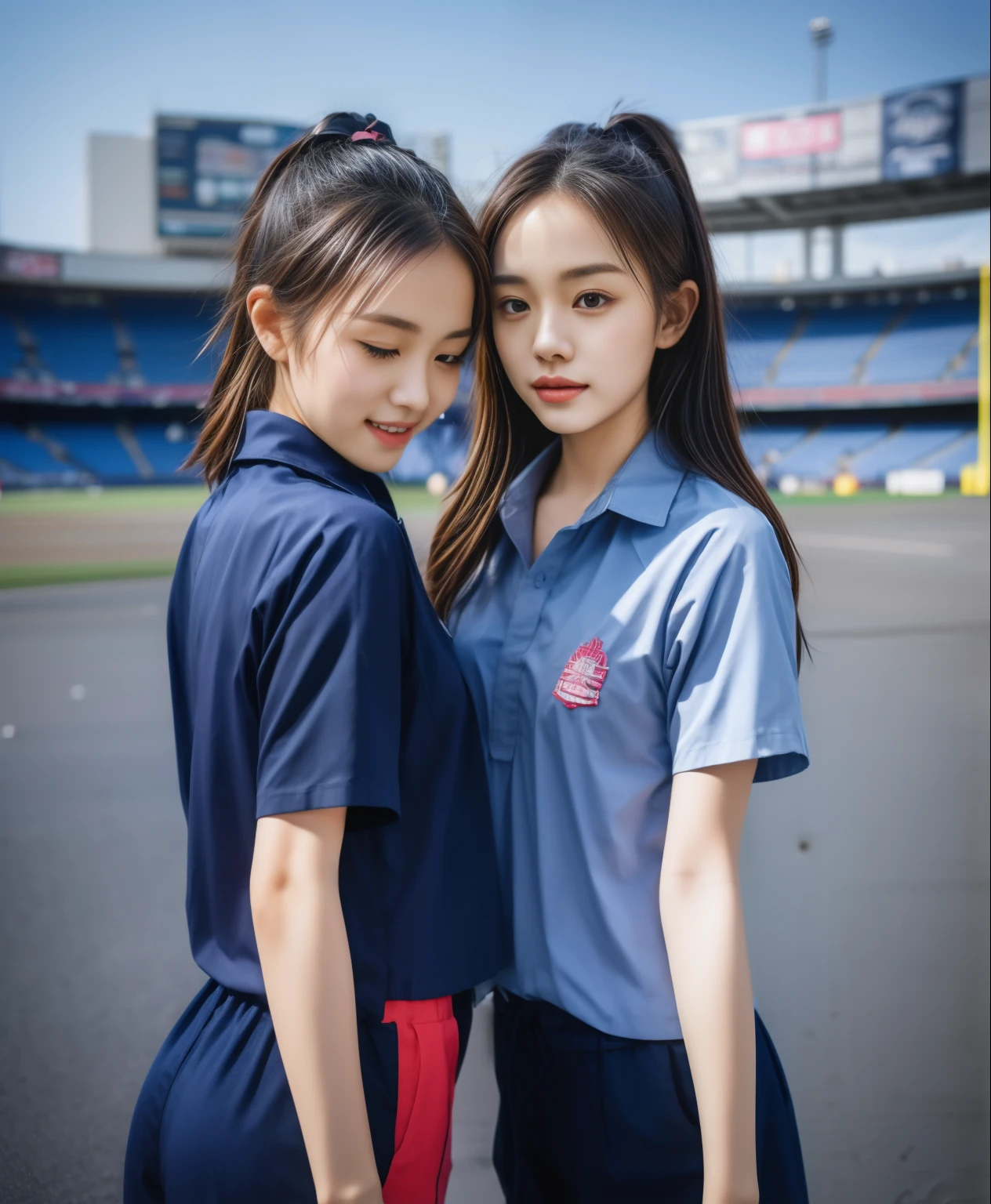 (bestquality,10,10,highres,masterpiece:1.2),ultra-detail,(Realistic,ภาพRealistic,photo-realistic:1.37),1 Cute girl in the football field,oily shiny skin,bara,light smile,BDclothelue shirt:1.3)),short sleeves,shirt, trousers.,(navy_long_ติดตามtrousers:1.1), ((Stadium Background:1.3)),dynamic angle,excited,face focus,Dynamic Poses,from behide,Ass Focus,masterpiece, bestquality, ultra realistic, hyper-detail, 8k resolution, RAW photo, crisp focus, ((Navy blue shirt:1.1)), short sleeves, เส้นทางlong, Complete bodyแบบ, 2 mature women, 18yo, cinematic light,trousersวอร์มสีน้ําเงิน,Gymware,Correct anatomy,Complete body, Correct body, sharp face, Correct bodyทางกายวิภาค, full entire body, Realistic gestures, long-haired, Realistic poses,Wear long shorts..............................,ช่วงขาlong,Shapely,Sculpting Girl, Slender Figure, mannequin mannequins, Shapely, Beautiful body,trousersวอร์มสีน้ําเงิน, Two girls kissing