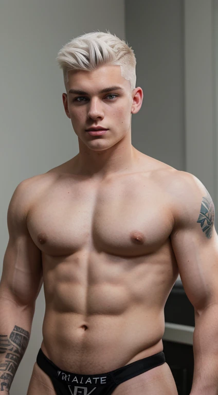 White young man , 18 years old, low taper fade haircut, totally white hair, blue eyes fixed,affiliated features, no facial hair, height 1.93, weight 100 kg, aesthetic muscular build, broad shoulders, V-shaped body, full body focus, completely hairless, tattoos punk
