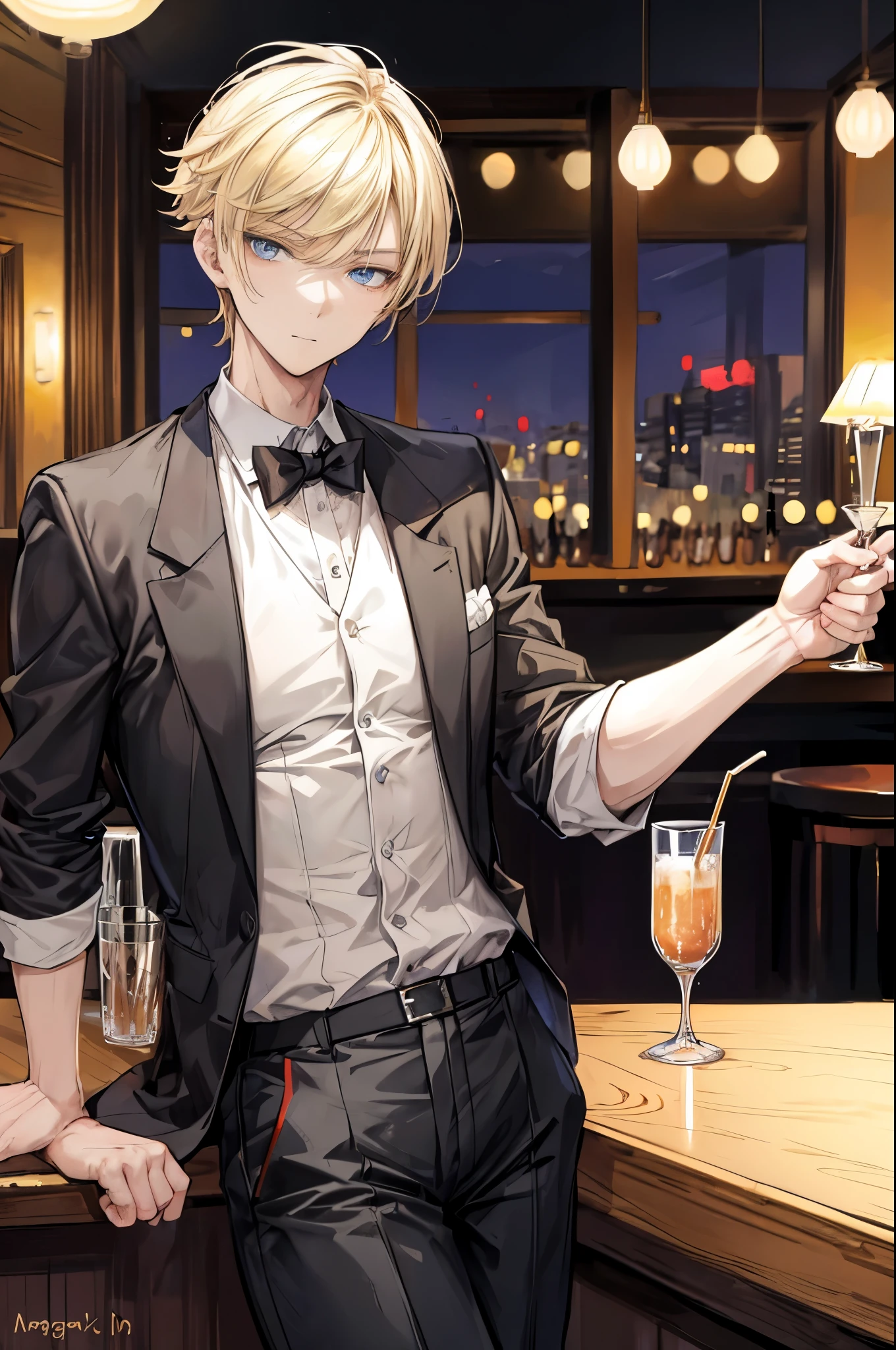 (flat color:1.1),(masterpiece:1.2), best quality, masterpiece, original,short neat blonde hair, (mature, handsome man looking at the camera at a bar:1.2), wearing a formal casual outfit