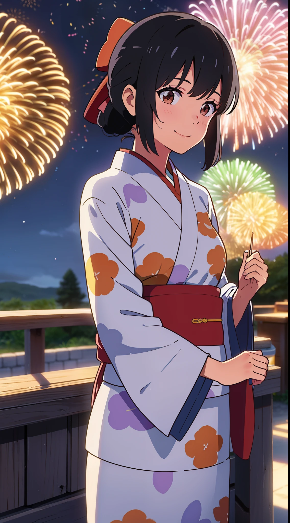 shinkai makoto, kimi no na wa., 1girl, bangs, black hair, blush, brown eyes, red bow, red ribbon, smile, cute, beautiful, navy blue kimono, navy blue dress, floral print, japanese clothes, navy blue yukata, looking at viewer, night, night sky, outdoors, print kimono, summer festival, Amusement park, aerial fireworks, fireworks, dynamic lights