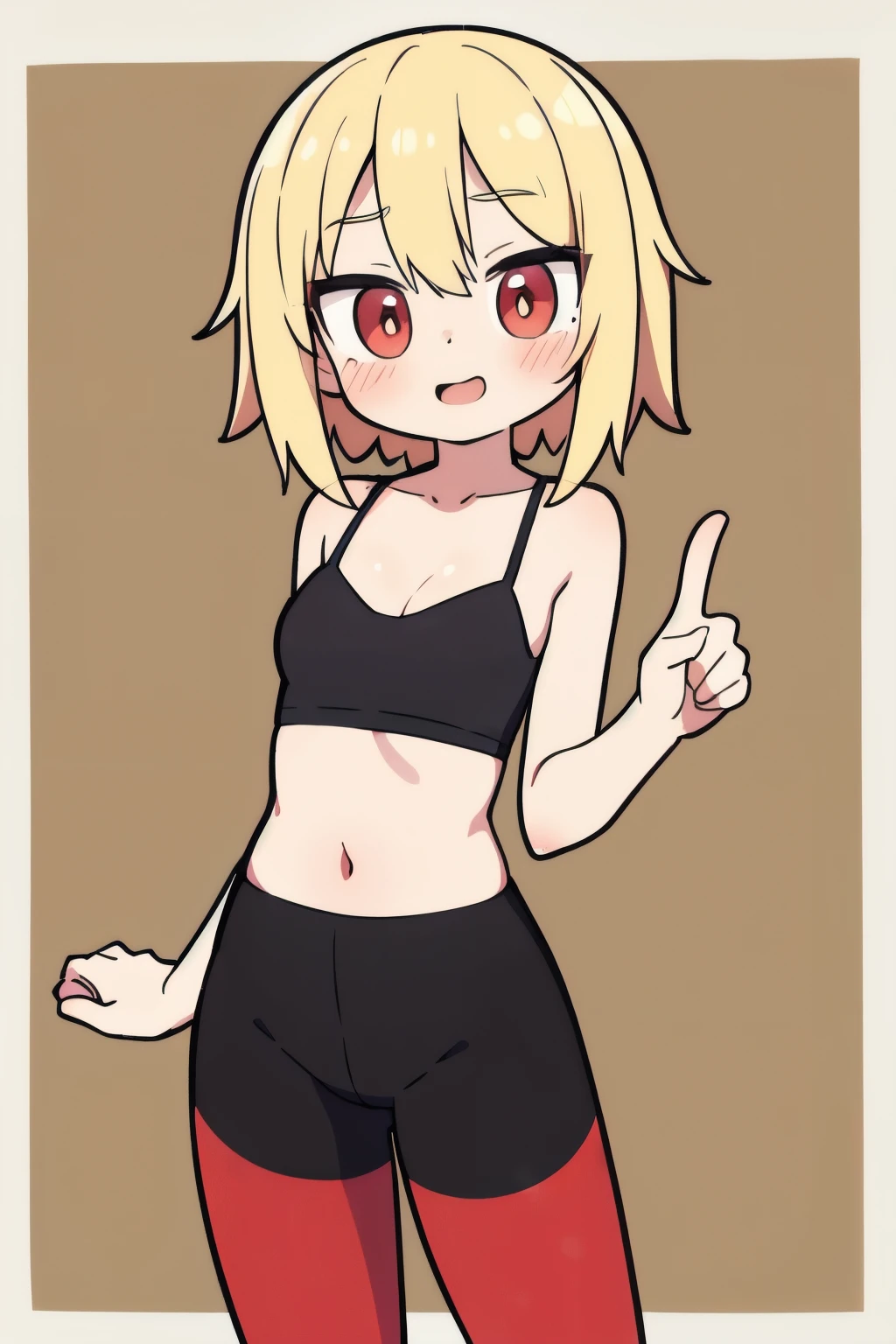 masterpiece, 4k, detailed, extreme detailed, hd, cowboy shot, blonde hair, medium blonde hair, short, medium breasts, cleavage, loli, young, legs exposed, thin waist, small frame, red, blushing, heavy blushing, pants, leggings, bra, black bra, red dotted bra, cute bra, teenager, smile, yelling, hands on hips, sexy,