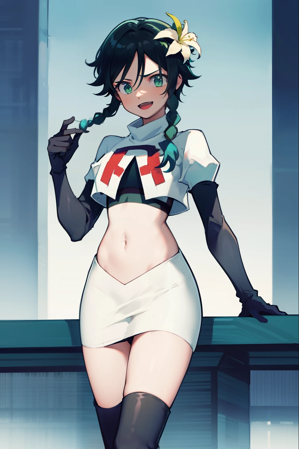 absurdres,venti,1boy, male focus, trap,black hair, green-blue hair, hair braid,hair flower,aqua green eyes,crossdressing,1boy,team rocket,team rocket uniform,white skirt,red letter R,crop top,black thigh-high boots,black elbow gloves, laughing, happy