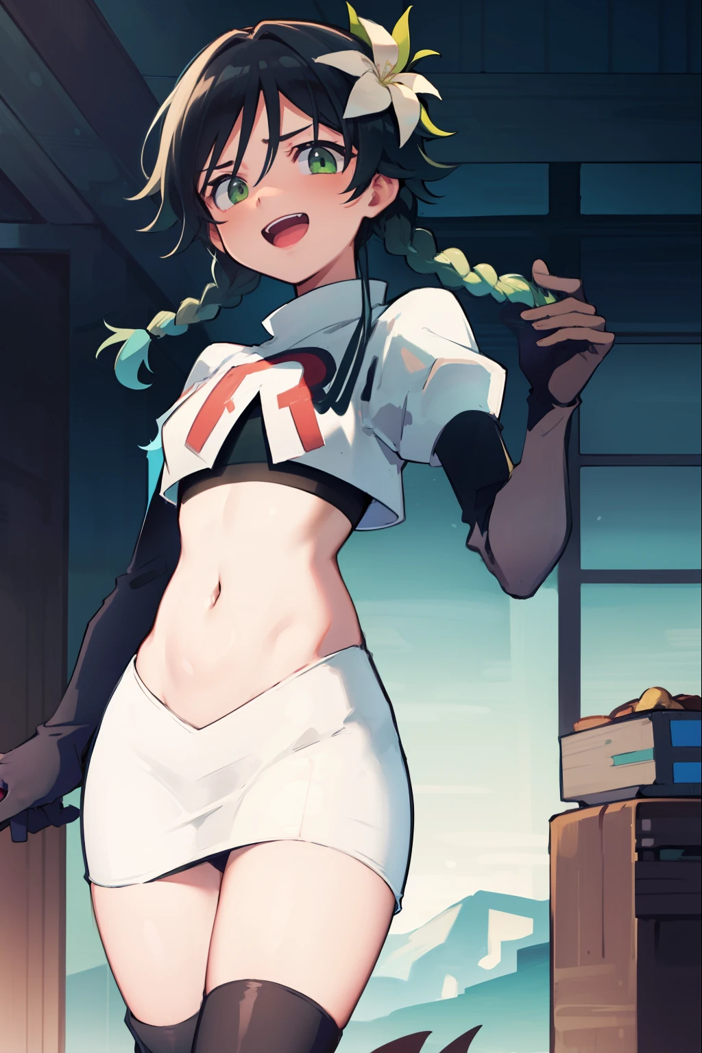 absurdres,venti,1boy, male focus, trap,black hair, green-blue hair, hair braid,hair flower,aqua green eyes,crossdressing,1boy,team rocket,team rocket uniform,white skirt,red letter R,crop top,black thigh-high boots,black elbow gloves, laughing, happy