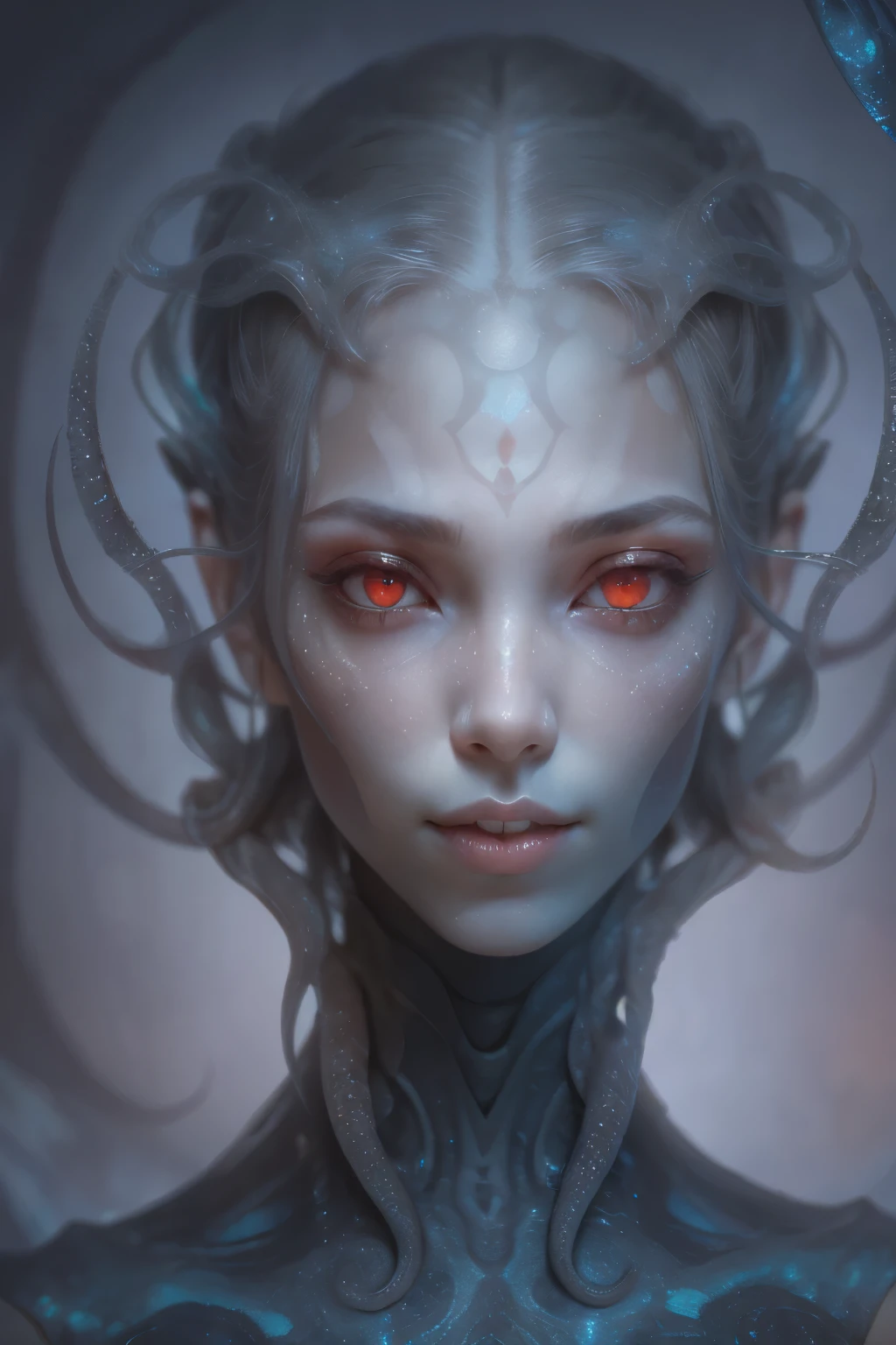 Portrait, (beautiful female alien:1.2),  (she has red eyes with no pupils:1.8), (Translucent skin:1.7),  (There is a female genital-like organ in the middle of the forehead:1.9), (The most beautiful face in the history of the universe:1.2),an evil gaze that seduces, (large mouth:1.1), (sharp teeth like a vampire:1.2), Full body like, (bio luminescent:1.5), (Smile wickedly:1.3),  (sexypose:1.5), alien, No humans, cells are fused, (Lots of translucent tentacles:1.3) extraterrestrial, cell, bio image, Best Quality, 8K,4K_quality, High Definition, Dramatic Lighting, masutepiece:1.5,cinematic quality, detail up, (Intricate details:1.2), High resolution, High Definition, drawing faithfully, (Thick eyebrows:1.2), Beautiful eyes with fine symmetry,(Highly detailed face and eyes:1.2), Intimate face, (Super detailed skin quality feeling:1.4), Perfect Anatomy,  (Beautiful toned body:1.5),  (Moist skin:1.2), No makeup, (dark circles:1.1), long canines, cinematic drawing of characters, ultra high quality model, cinematic quality, detail up, (Intricate details:1.2), High resolution, High Definition, drawing faithfully, Official art, Unity 8K wall  , 8K Portrait, Best Quality, Very High resolution, ultra detailed artistic photography, midnight aura,  unreal enginee 5, Ultra Sharp Focus, art by alberto seveso, ArtGerm, Roisch, intricate artwork, best quality, masutepiece, ultra High resolution, (photos realistic:1.4), Ultra-realistic realism, dream-like,  nautilus, Creation of fantasy, Snail, Dream Snail,  biopunk nautilus, Thrilling color schemes， Ultra-realistic realism， seductively smiling, Blue tentacles,